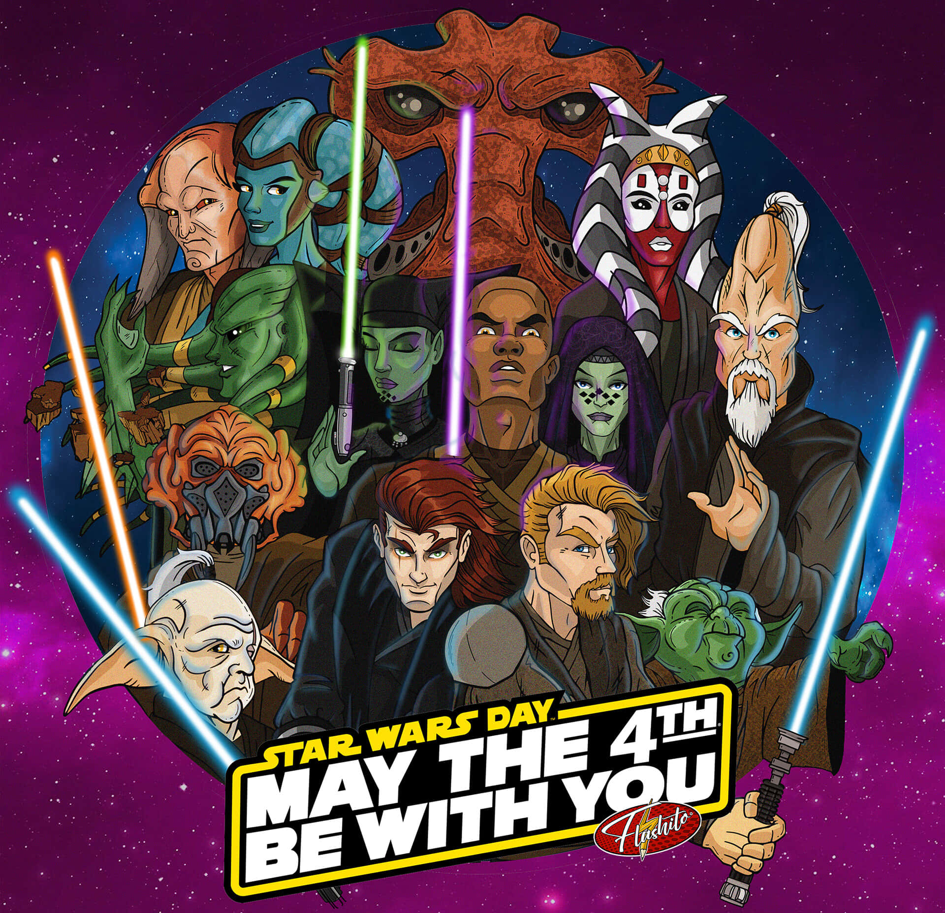 Jedi Council 桌布 壁紙 — 一幅充滿活力的數位插圖，描繪星際大戰角色在宇宙紫色星空中手持光劍。