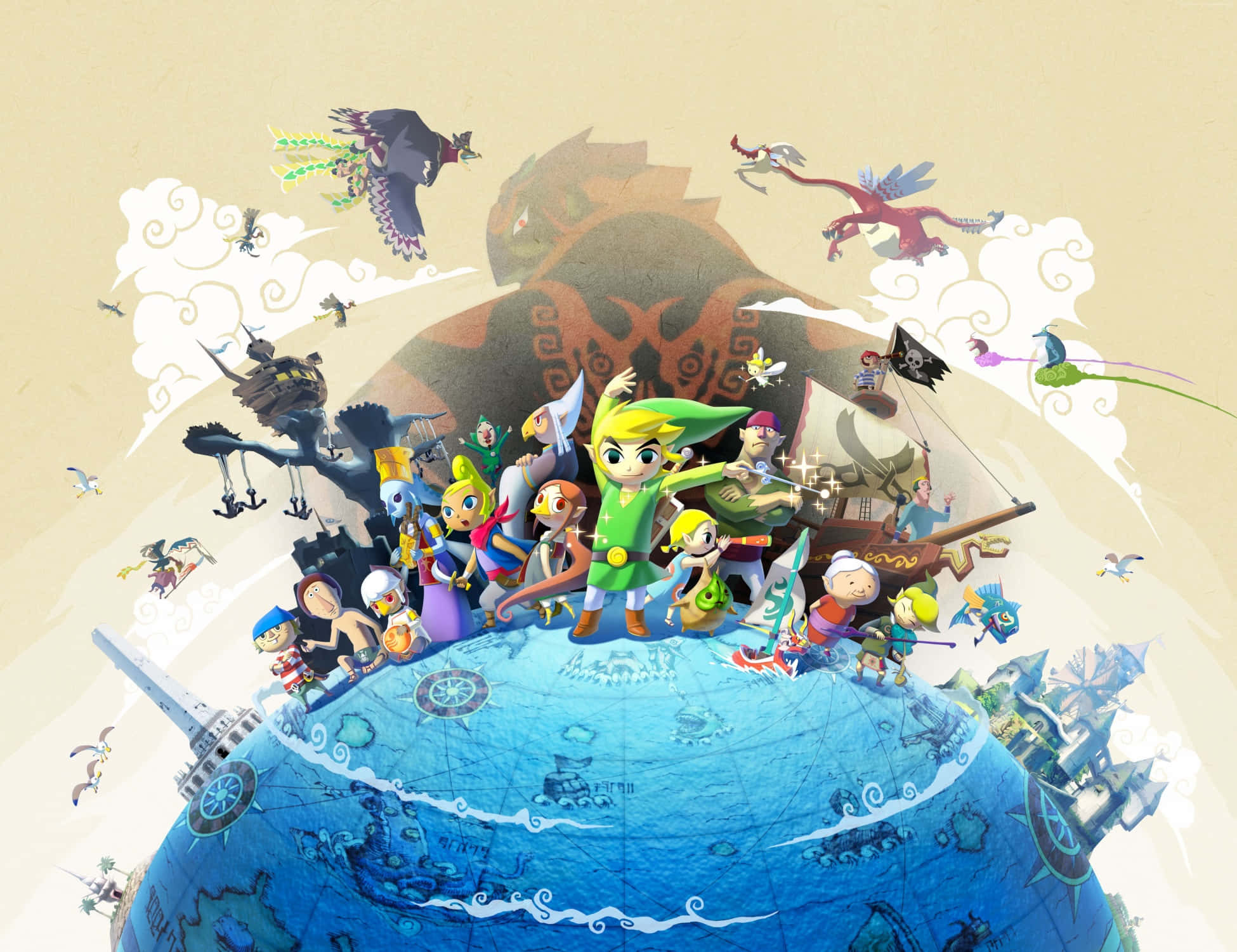 The Legend Of Zelda Characters 桌布 壁紙 — 一幅充滿活力的數位插圖，描繪林克和薩爾達的盟友聚集在地球儀頂部，周圍環繞著飛行生物和幻想船隻。