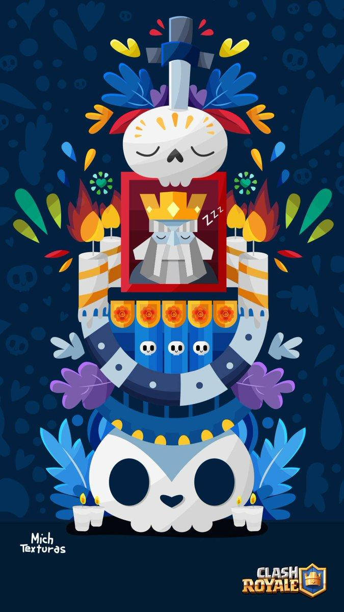 亡靈節 桌布 壁紙 — 一幅充滿活力的數位插圖，描繪沉睡中的《部落衝突：皇室戰爭》骷髏王，頭戴皇冠，被色彩繽紛的頭骨、蠟燭和節日裝飾包圍。