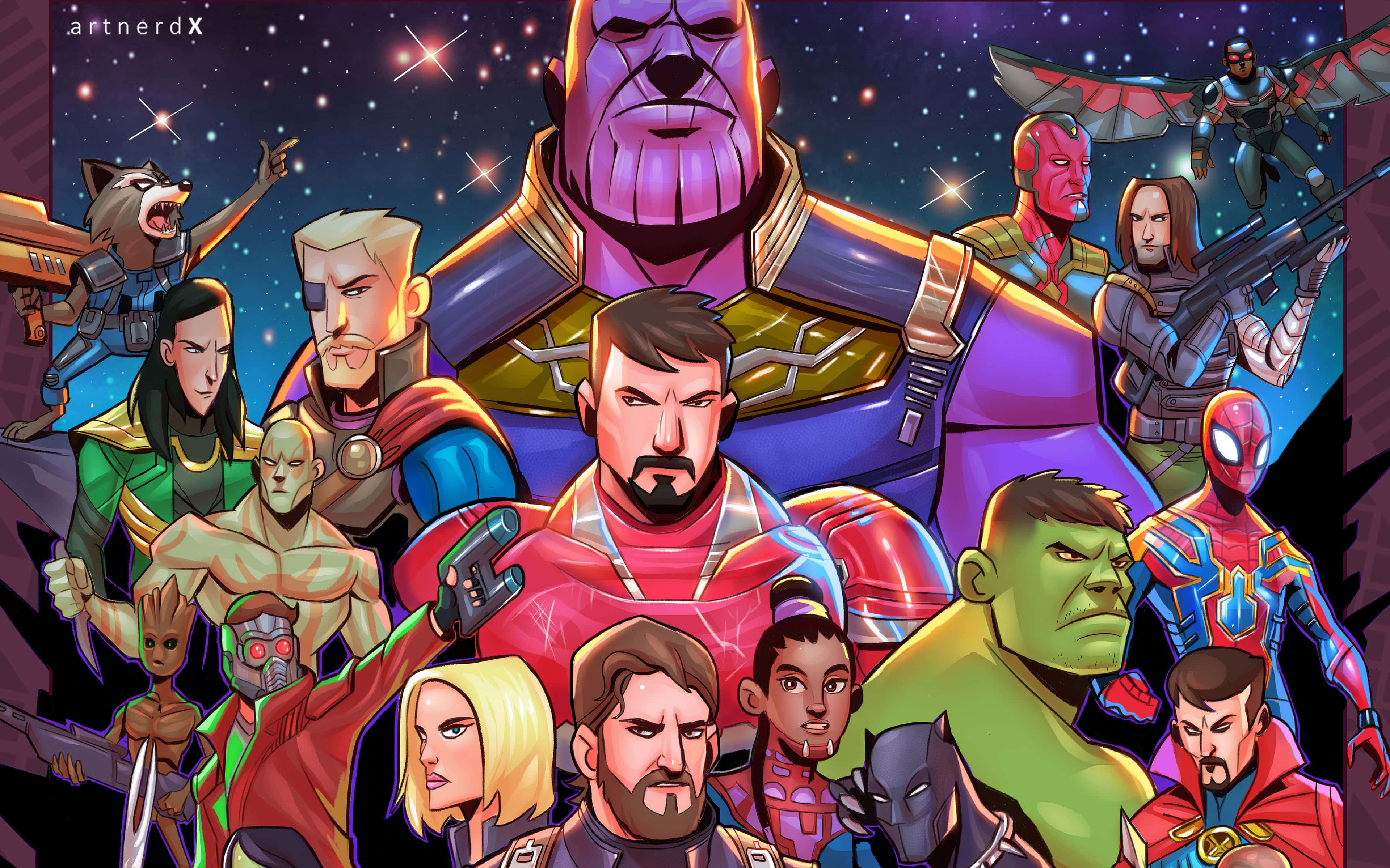 Earth's Mightiest Heroes 桌布 壁紙 — 一幅充滿活力的數位插圖，描繪漫威和DC的超級英雄與反派聚集在星光燦爛的宇宙背景下。