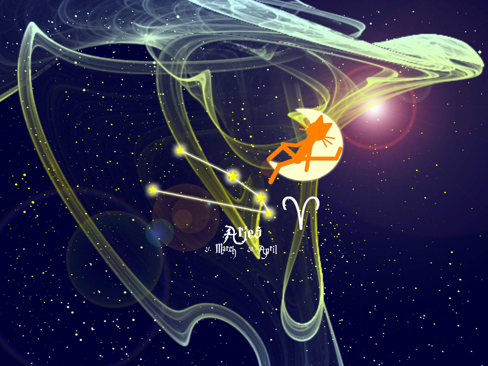 星座運勢 桌布 壁紙 — 一幅充滿活力的數位插圖，描繪牡羊座星座在繁星點點的夜空中閃耀，伴隨著旋轉的宇宙能量。