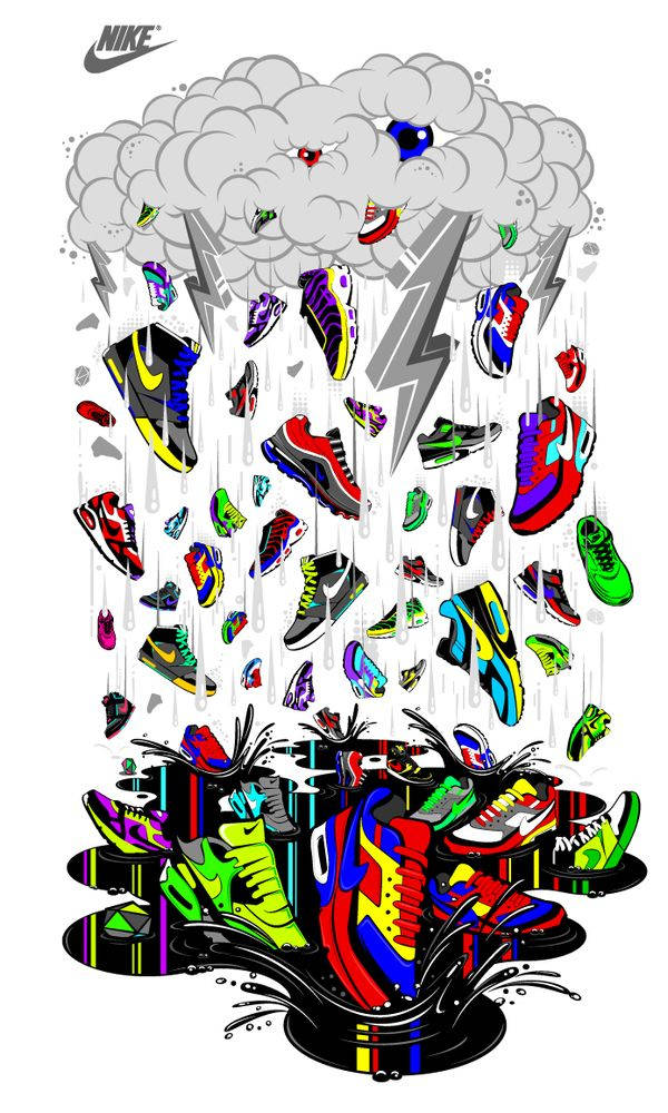 Nike 桌布 壁紙 — 一幅充滿活力的數位插圖，描繪色彩繽紛的Nike運動鞋伴隨著閃電從暴風雲中如雨般落下。