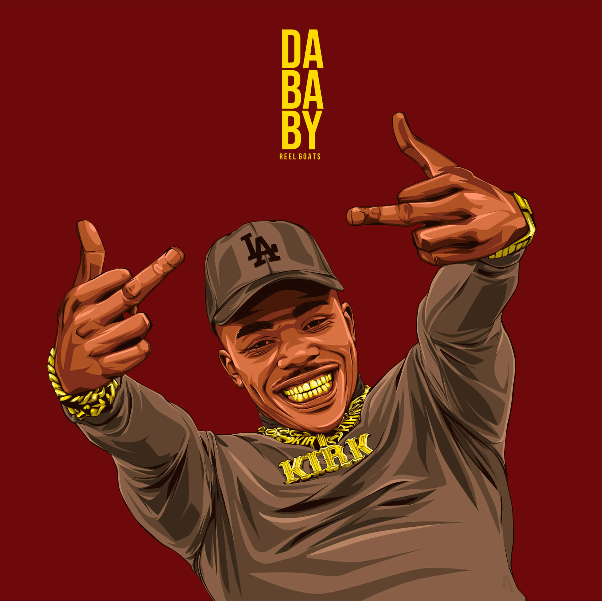 音樂 桌布 壁紙 — 一幅充滿活力的數位插圖，描繪說唱歌手 DaBaby 在深紅色背景上咧嘴大笑並向上指。