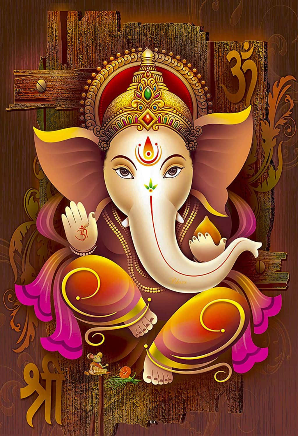Ganesh 桌布 壁紙 — 一幅充滿活力的數位插圖，描繪象頭神坐在木製背景上，背景裝飾著神聖符號和華麗圖案。