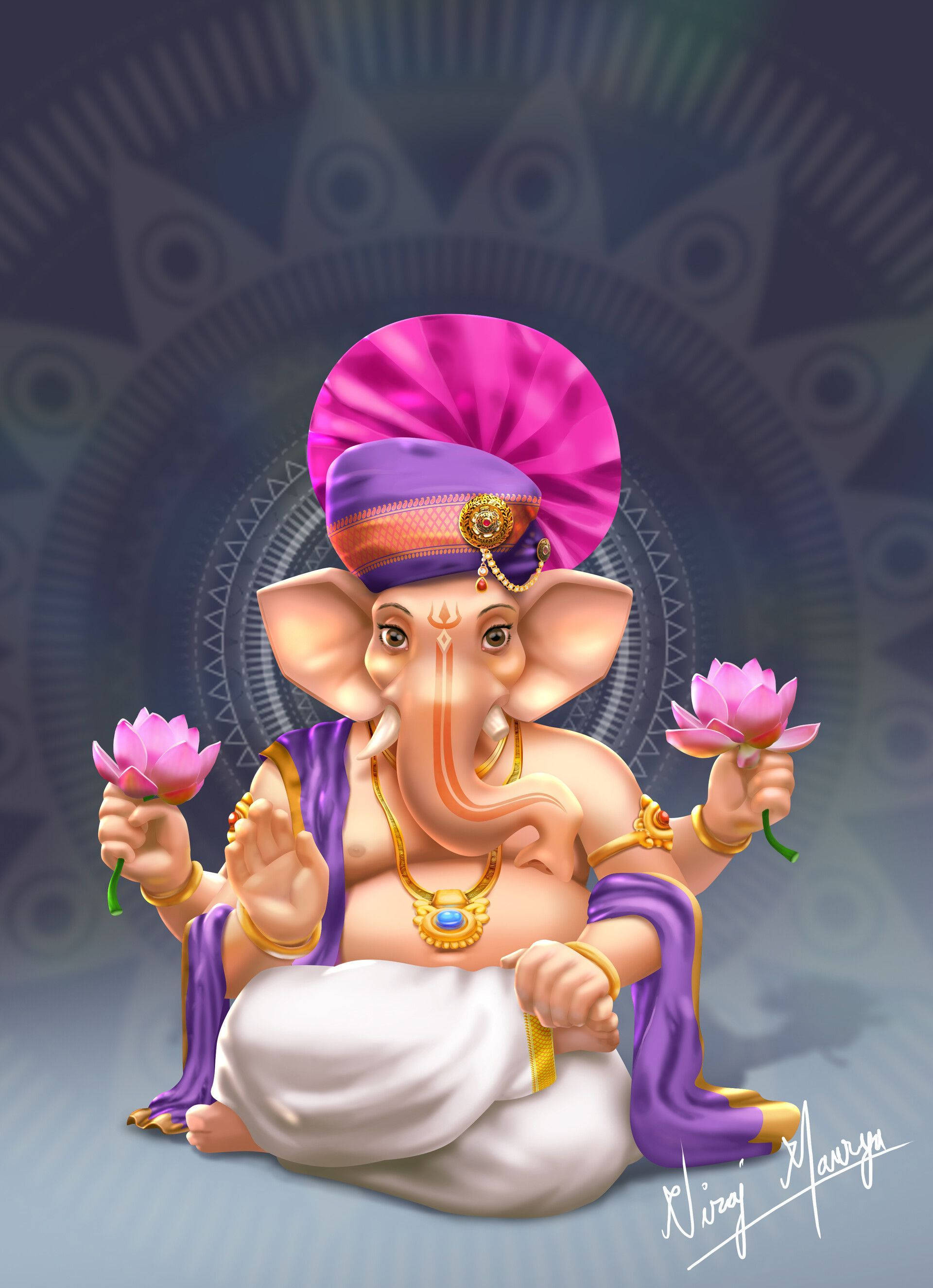 Ganesh 桌布 壁紙 — 一幅充滿活力的數位插圖，描繪象頭神格涅沙盤腿而坐，手持粉紅色蓮花，頭戴紫色頭巾，佩戴金色珠寶，背景為幾何曼陀羅圖案。