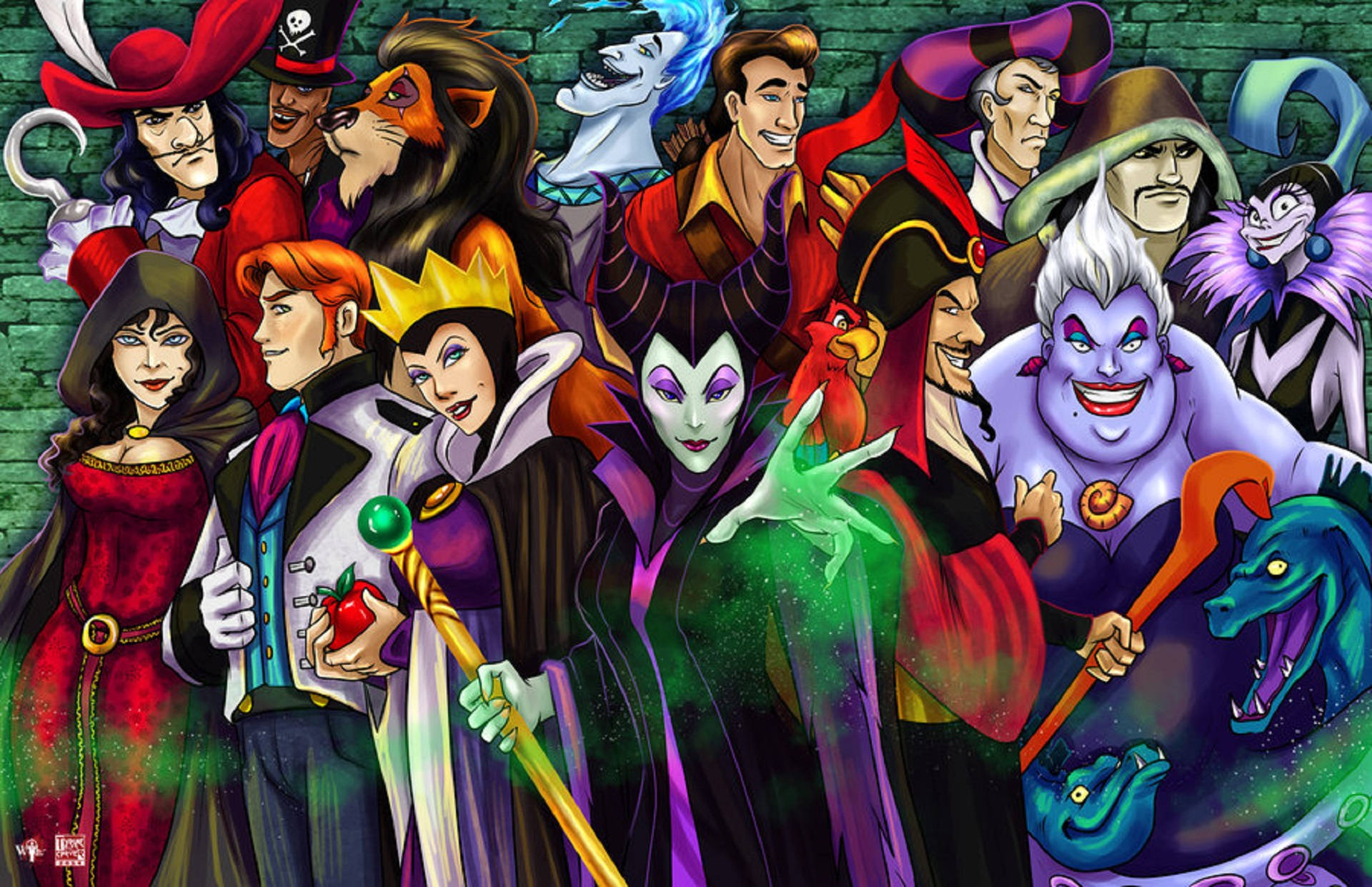 迪士尼反派 桌布 壁紙 — 一幅充滿活力的數位插圖，描繪迪士尼反派們聚集在綠色磚牆前，每位都有獨特的服裝和表情。
