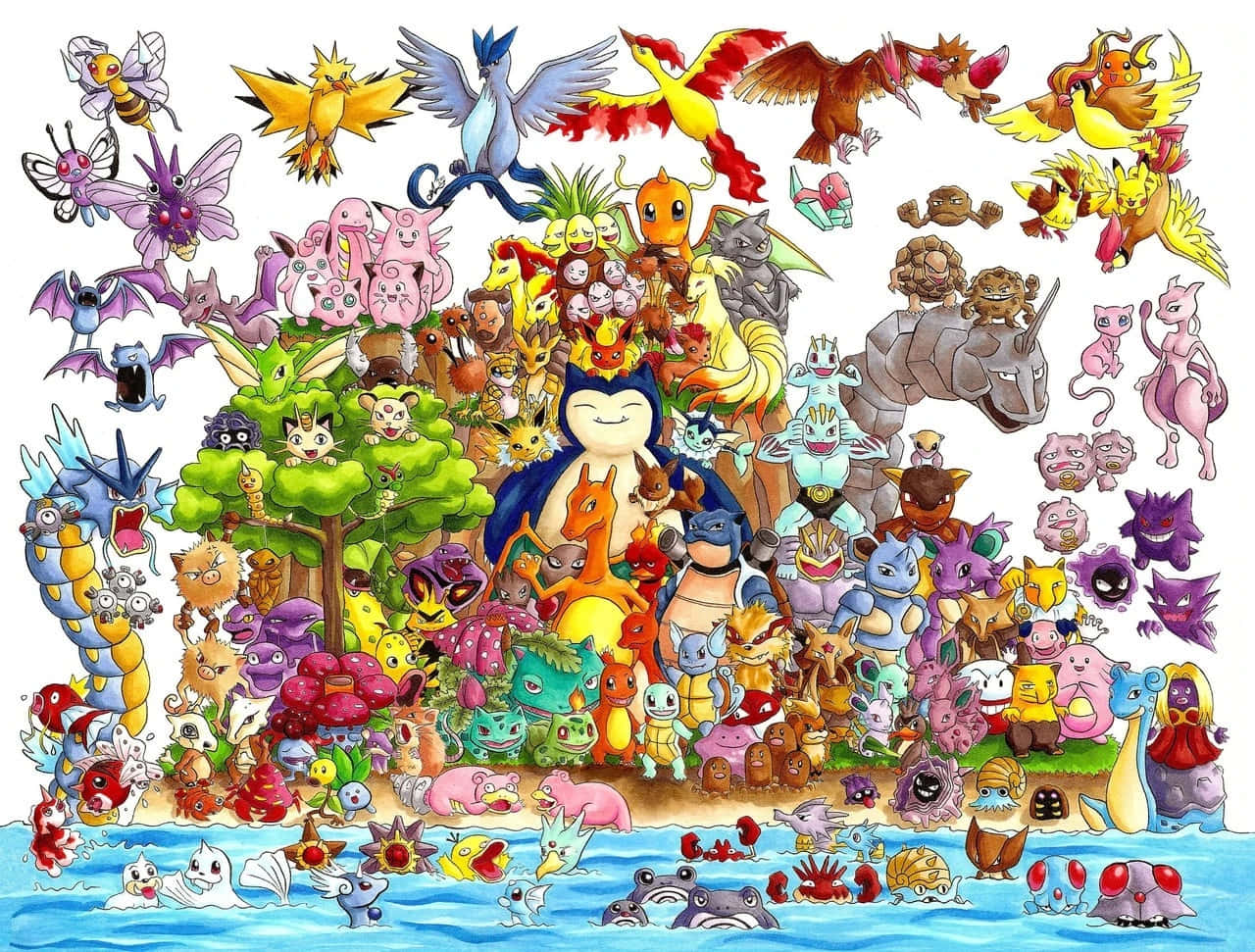 All Pokemon 桌布 壁紙 — 一幅充滿活力的數位插圖，數百個色彩繽紛的寶可夢角色聚集在中央的樹木和水景周圍。