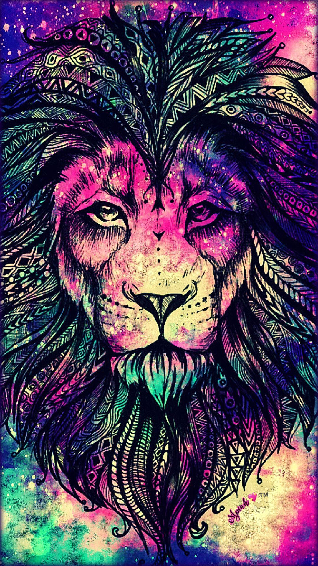  壁紙 — 一幅充滿活力的數位插圖，獅子的臉上飾有複雜的部落圖案，背景是宇宙星系。
