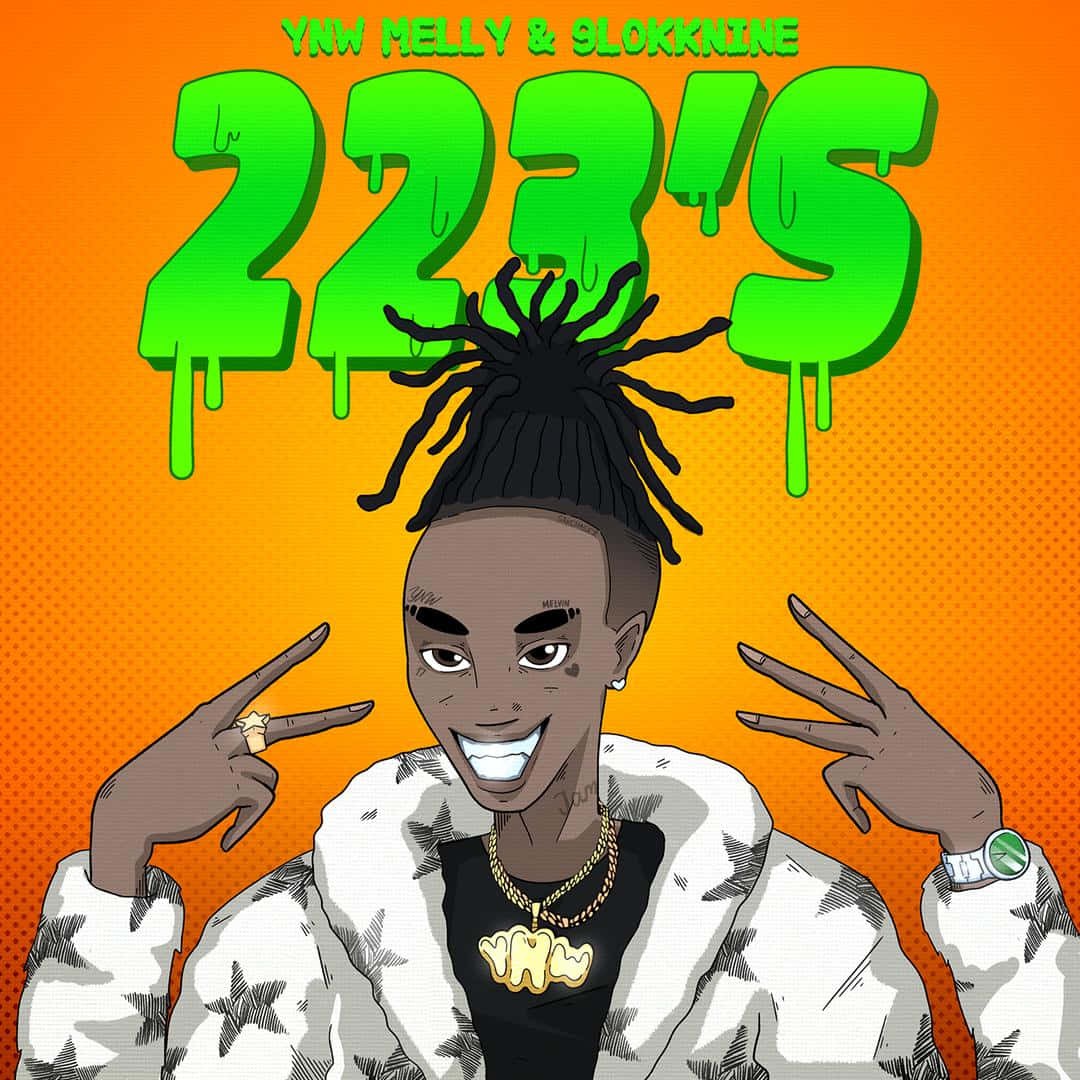 Ynw Melly Cartoon 桌布 壁紙 — 一幅充滿活力的數位插圖，說唱歌手YNW Melly微笑並比出和平手勢，背景是橙色底上滴落的綠色「223'S」標誌。