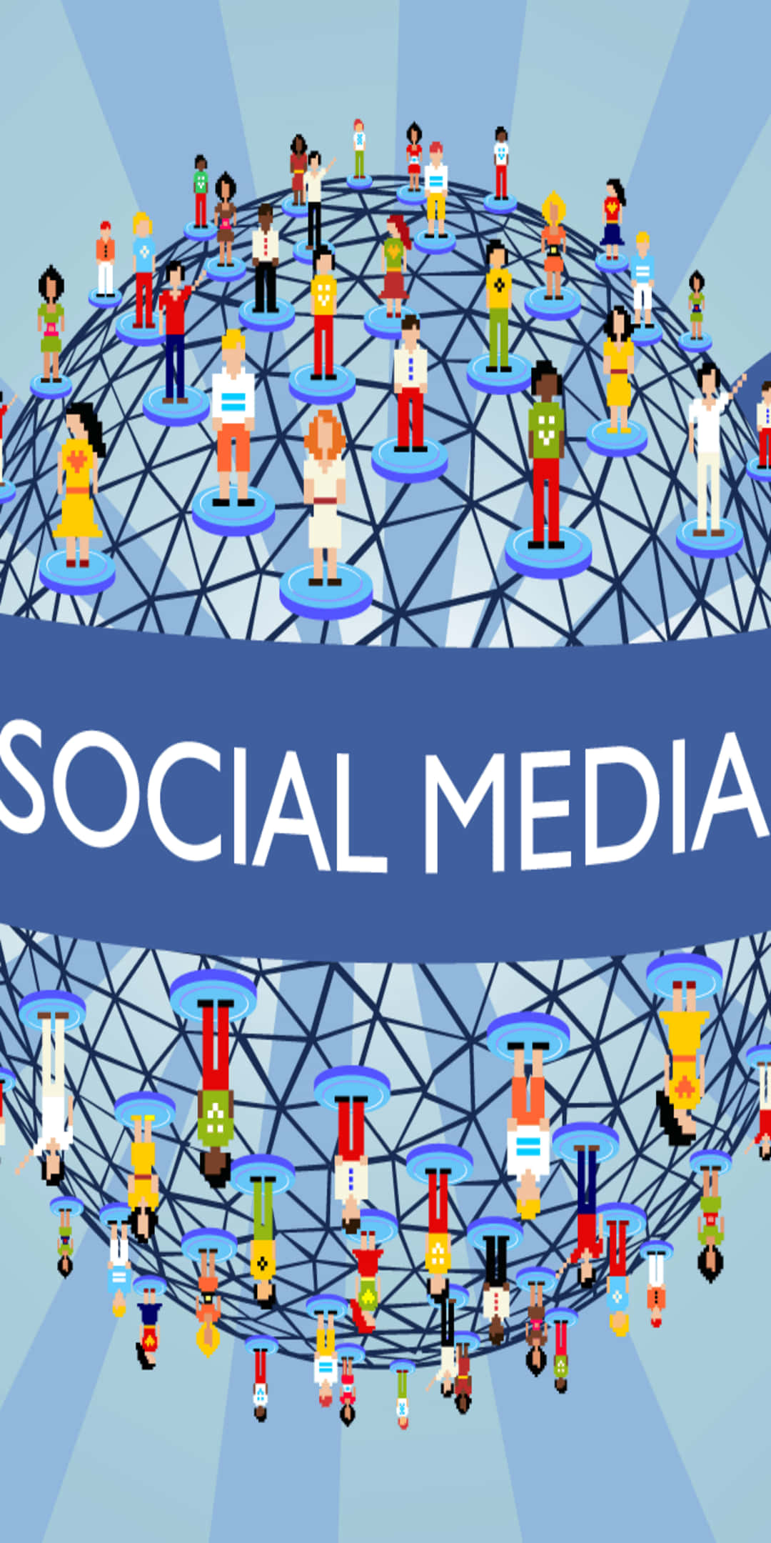 Social 桌布 壁紙 — 一幅充滿活力的數位插圖展示了多樣化的像素化人物，由一個標有 'SOCIAL MEDIA' 的藍色幾何球體連接，並有光線向外輻射。