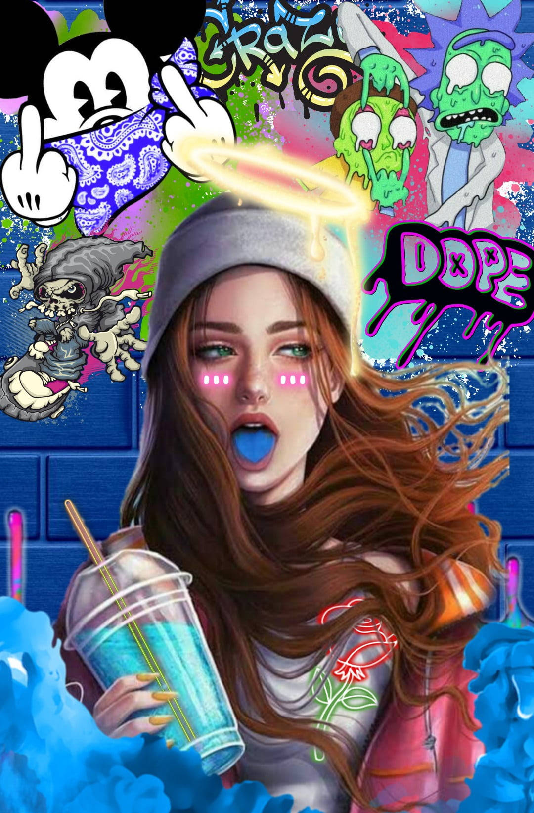 街頭藝術 桌布 壁紙 — 一幅充滿活力的數位插畫，描繪一位年輕女子，雙眼發光，頭頂光環，手持藍色飲料，周圍是混亂的塗鴉和卡通角色。