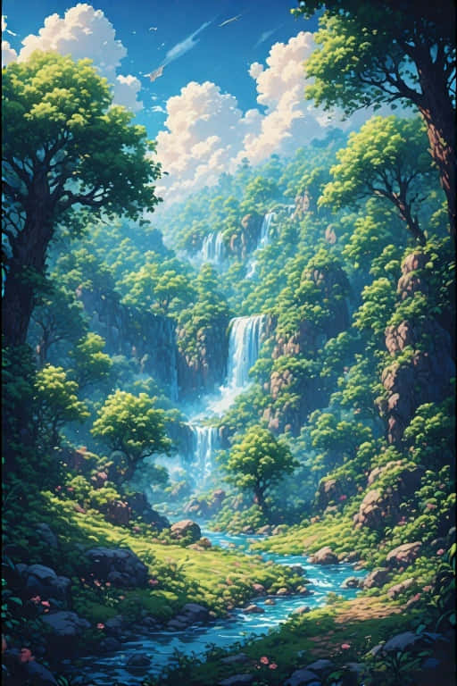 Whimsical Forest Waterfall Adventure 壁紙 — 一幅充滿活力的數位畫作，描繪瀑布從茂密的綠色森林中傾瀉而下，背景是晴朗的藍天和蓬鬆的白雲。