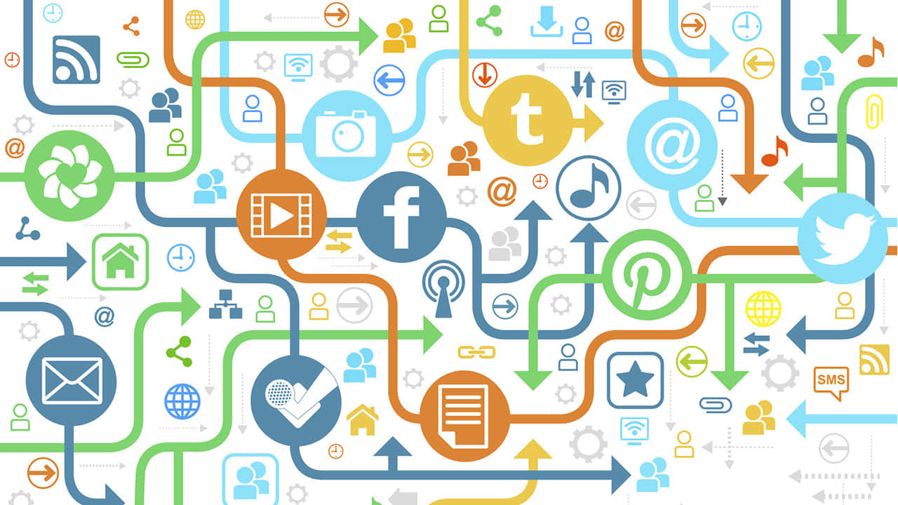 Social Media Logos 桌布 壁紙 — 一幅充滿活力的數位網路插圖，展示色彩繽紛、相互連接的社交媒體圖示和資料流，在白色背景上流動。