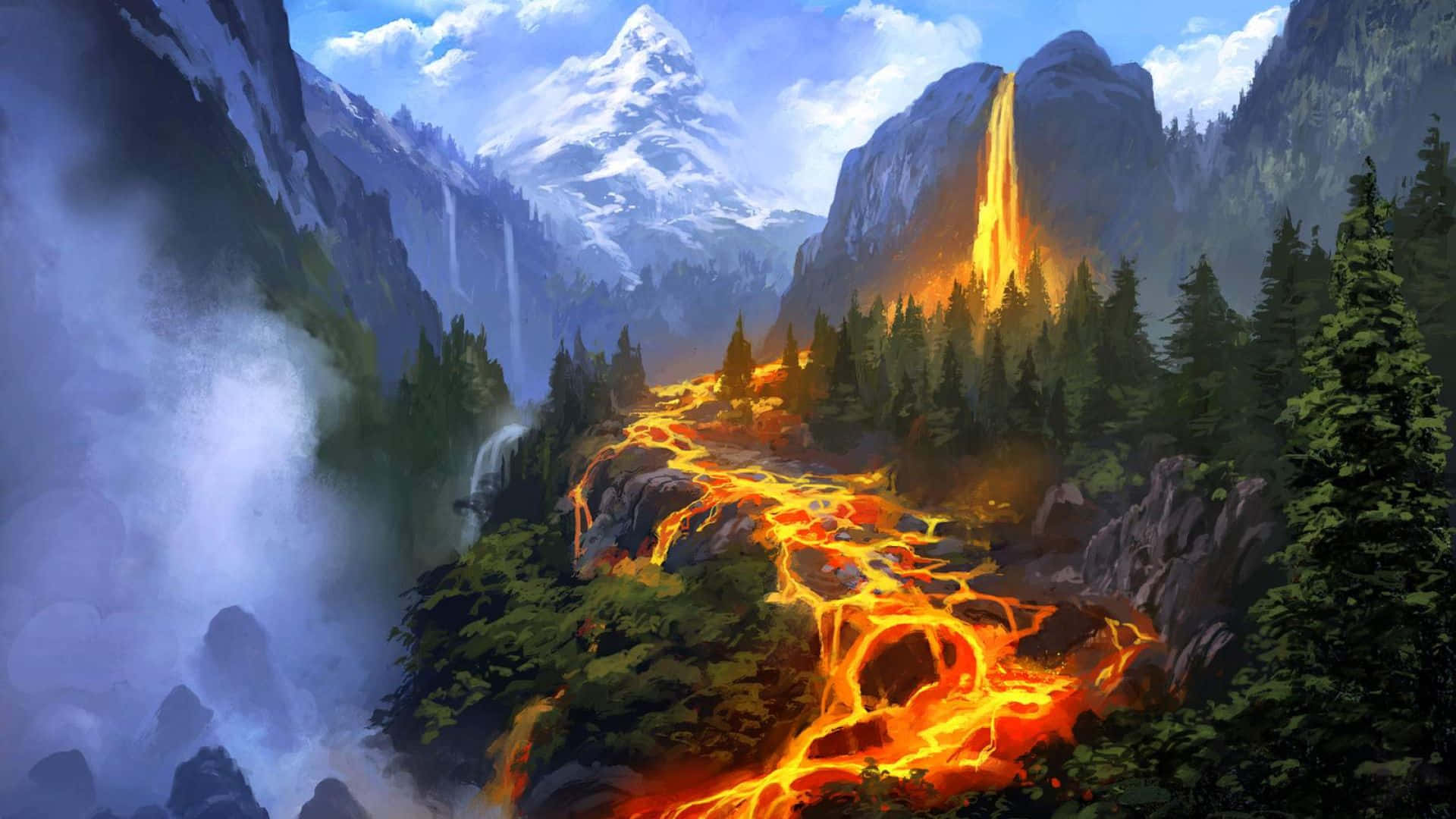 lava 桌布 壁紙 — 一幅充滿活力的數位繪畫，描繪了一個山谷，發光的熔岩流過茂密的森林，上方是白雪覆蓋的山峰。