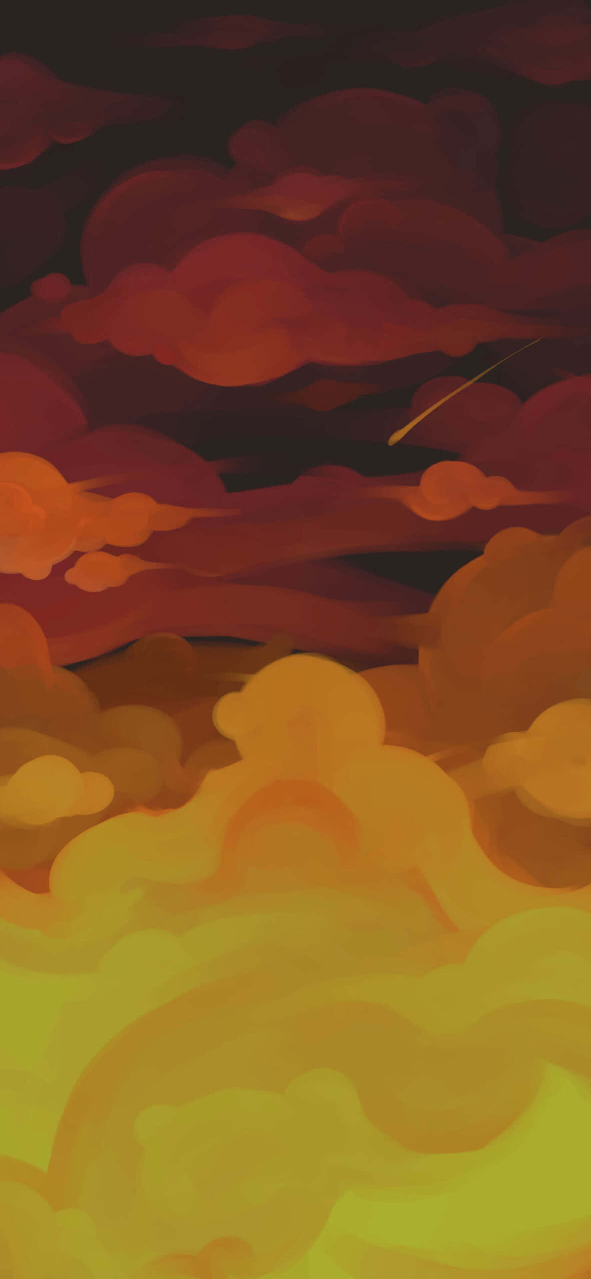 Shooting Star 桌布 壁紙 — 一幅充滿活力的數位繪畫，描繪了層疊的雲朵在火橙色、黃色和深紅色調中發光，並有一顆流星劃過天空。