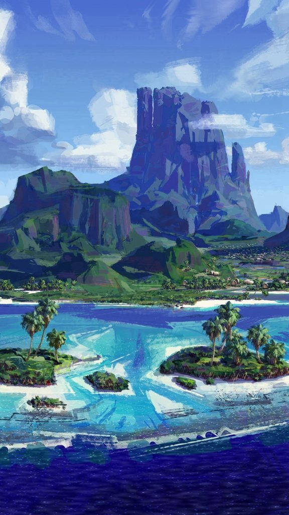 藝術 iPhone 桌布 壁紙 — 一幅充滿活力的數位繪畫，描繪了熱帶島嶼天堂，有碧綠的海水、棕櫚樹和聳立的綠色山脈，在明亮的藍天下。