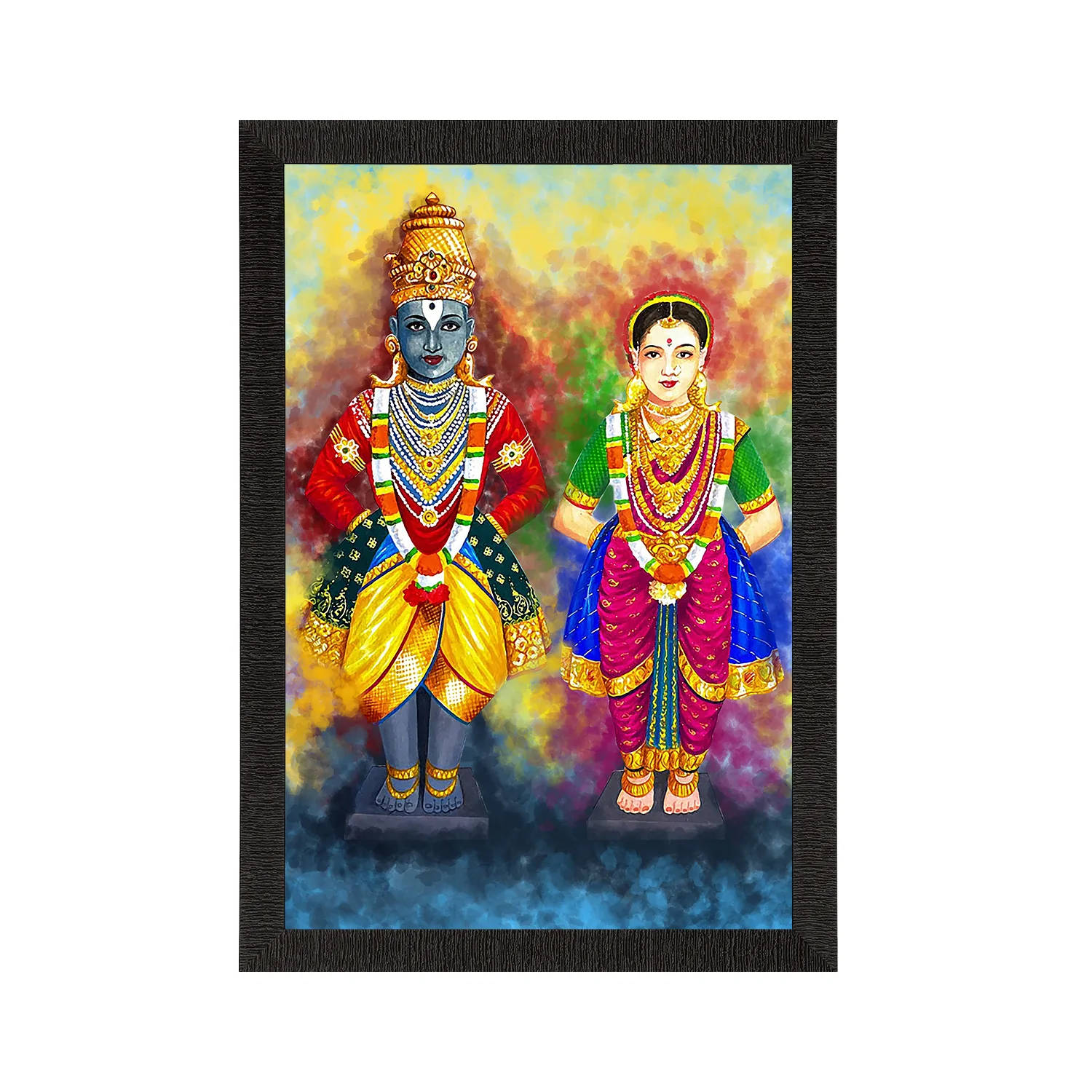 Indian 桌布 壁紙 — 一幅充滿活力的數位繪畫，描繪印度教神祇克里希納和拉達，身著華麗珠寶和色彩繽紛的傳統服飾，背景是旋轉的彩虹。