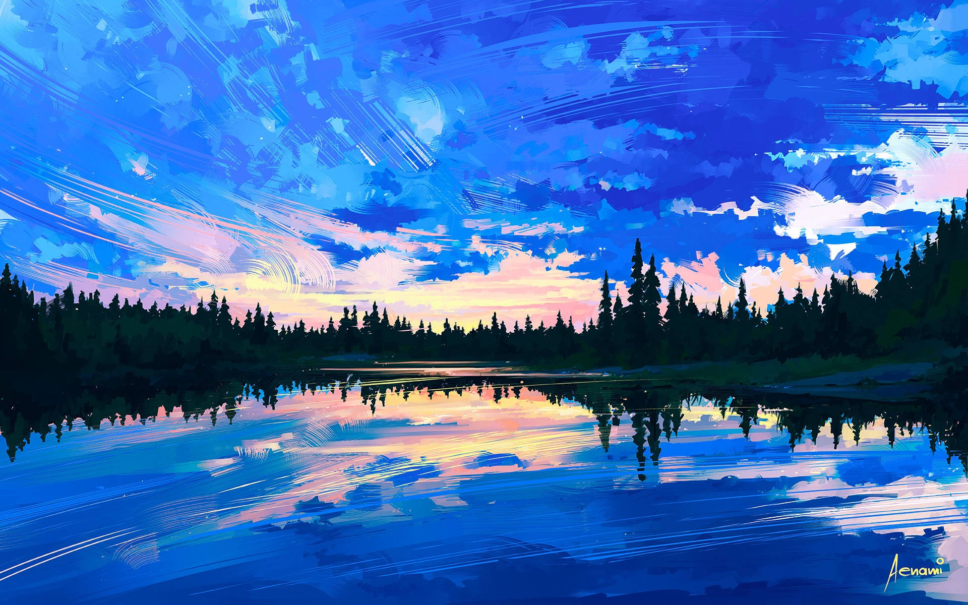 Painting 桌布 壁紙 — 一幅充滿活力的數位繪畫，描繪日落時分的湖泊，大膽的藍天和粉紅色的雲朵倒映在平靜的水面上，周圍環繞著深色的松樹。