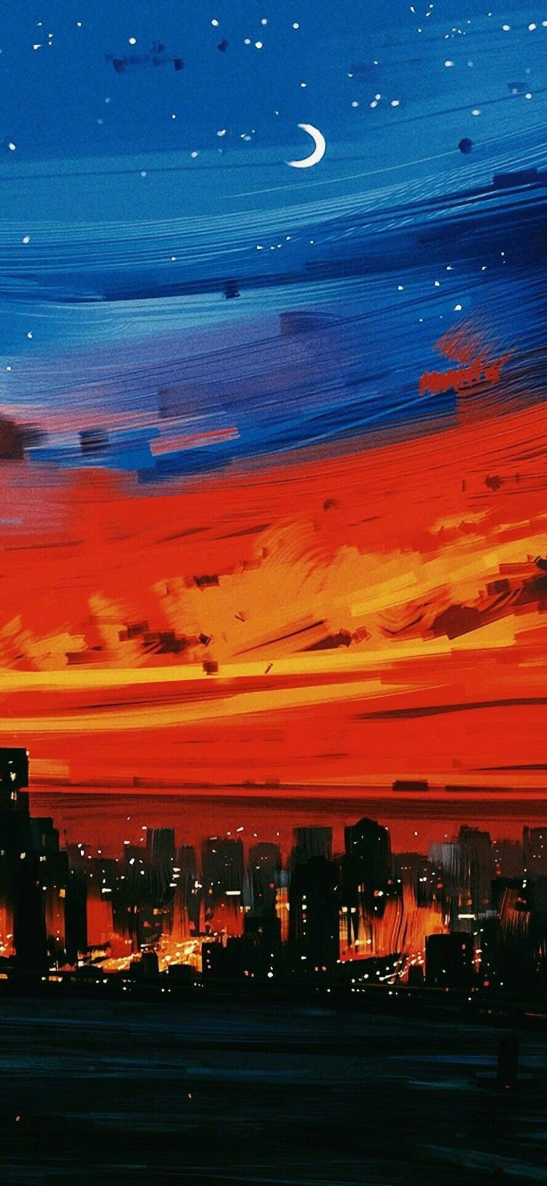 iPhone Xs Minimal 桌布 壁紙 — 一幅充滿活力的數位繪畫，描繪黃昏時分的城市天際線，帶有火紅色的橙色雲彩和一彎新月，背景是深藍色的星空。