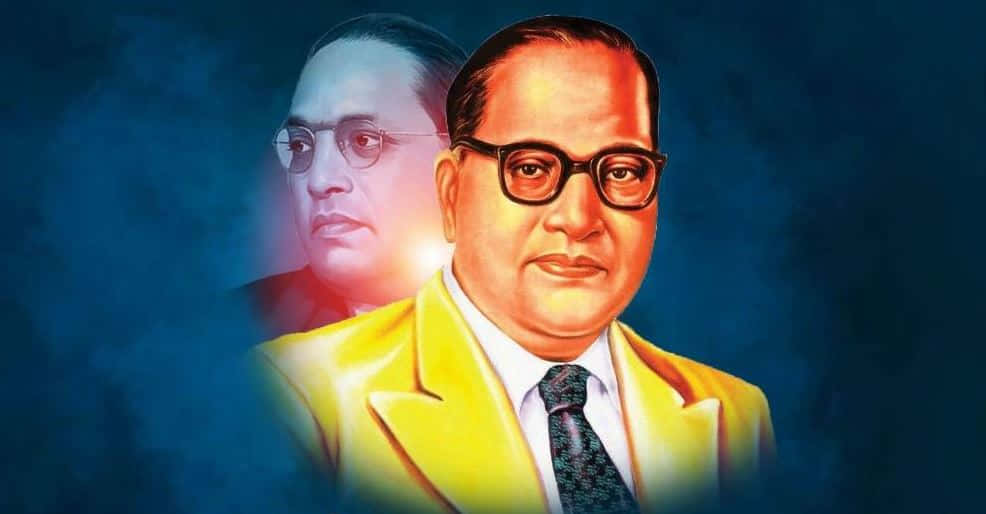 Ambedkar 桌布 壁紙 — 一幅充滿活力的數位肖像，一名身穿黃色西裝的男子，身後有一個幽靈般的半透明版本，背景是深藍色煙霧繚繞。