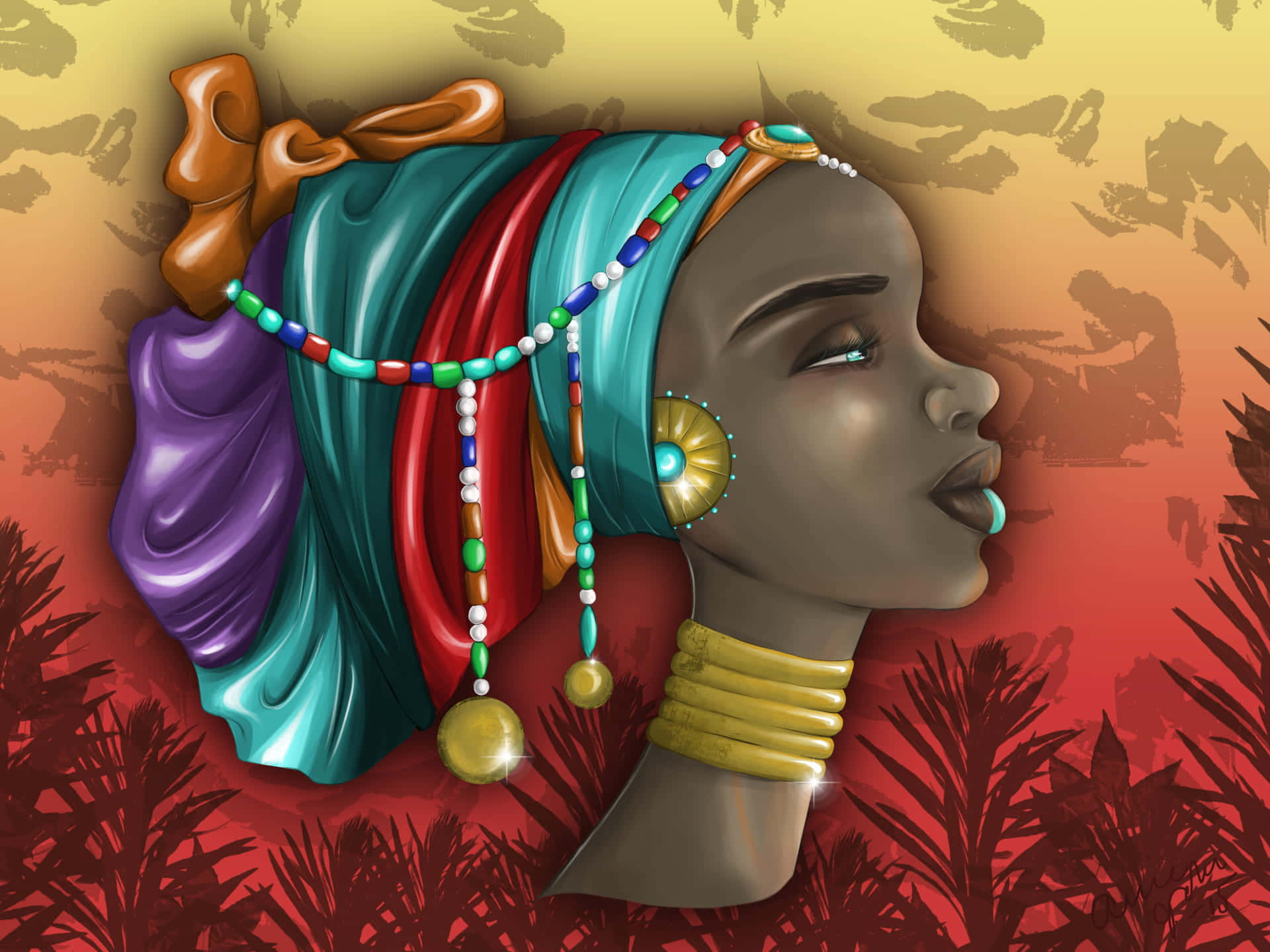 artwork 桌布 壁紙 — 一幅充滿活力的數位肖像，側面輪廓的女性點綴著彩色珠子和黃金首飾，背景為溫暖的漸變色。