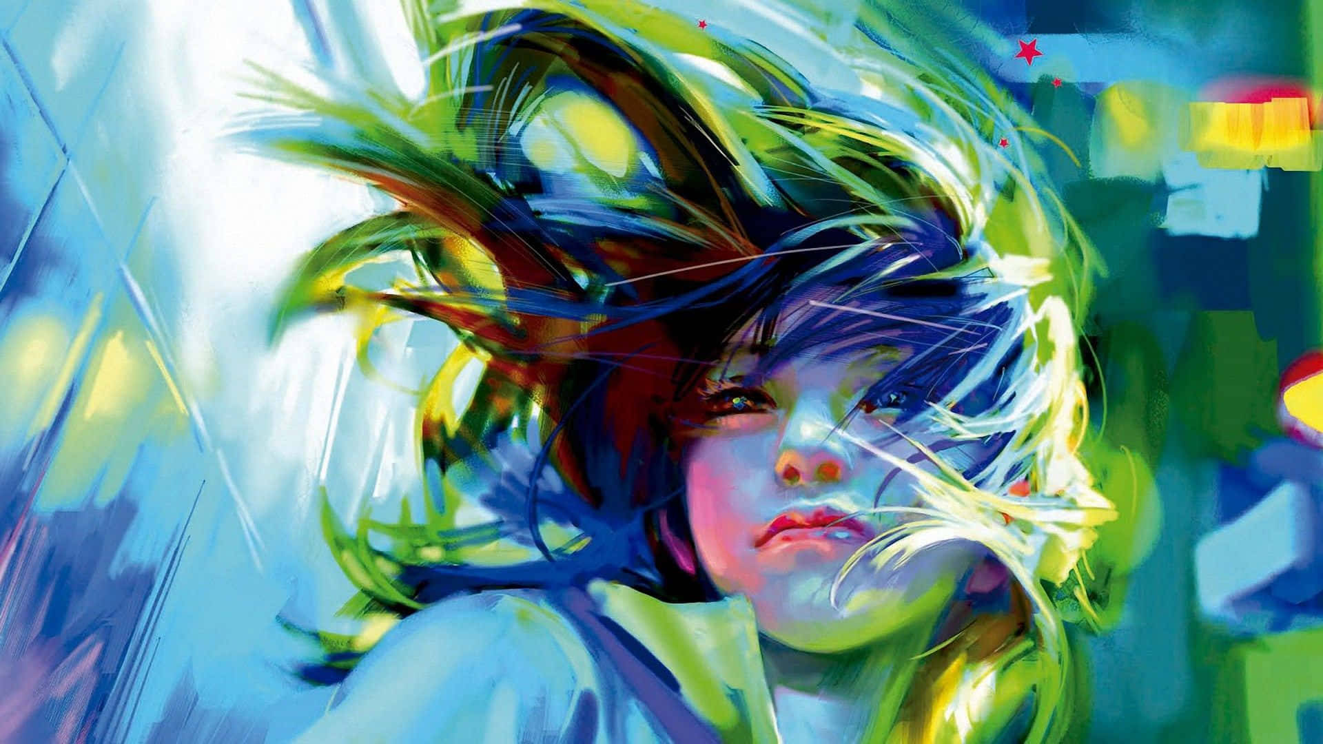 動漫藝術GIF 桌布 壁紙 — 一幅充滿活力的數位肖像，描繪一位年輕女性，擁有電光藍、綠和黃色的隨風飄揚頭髮。