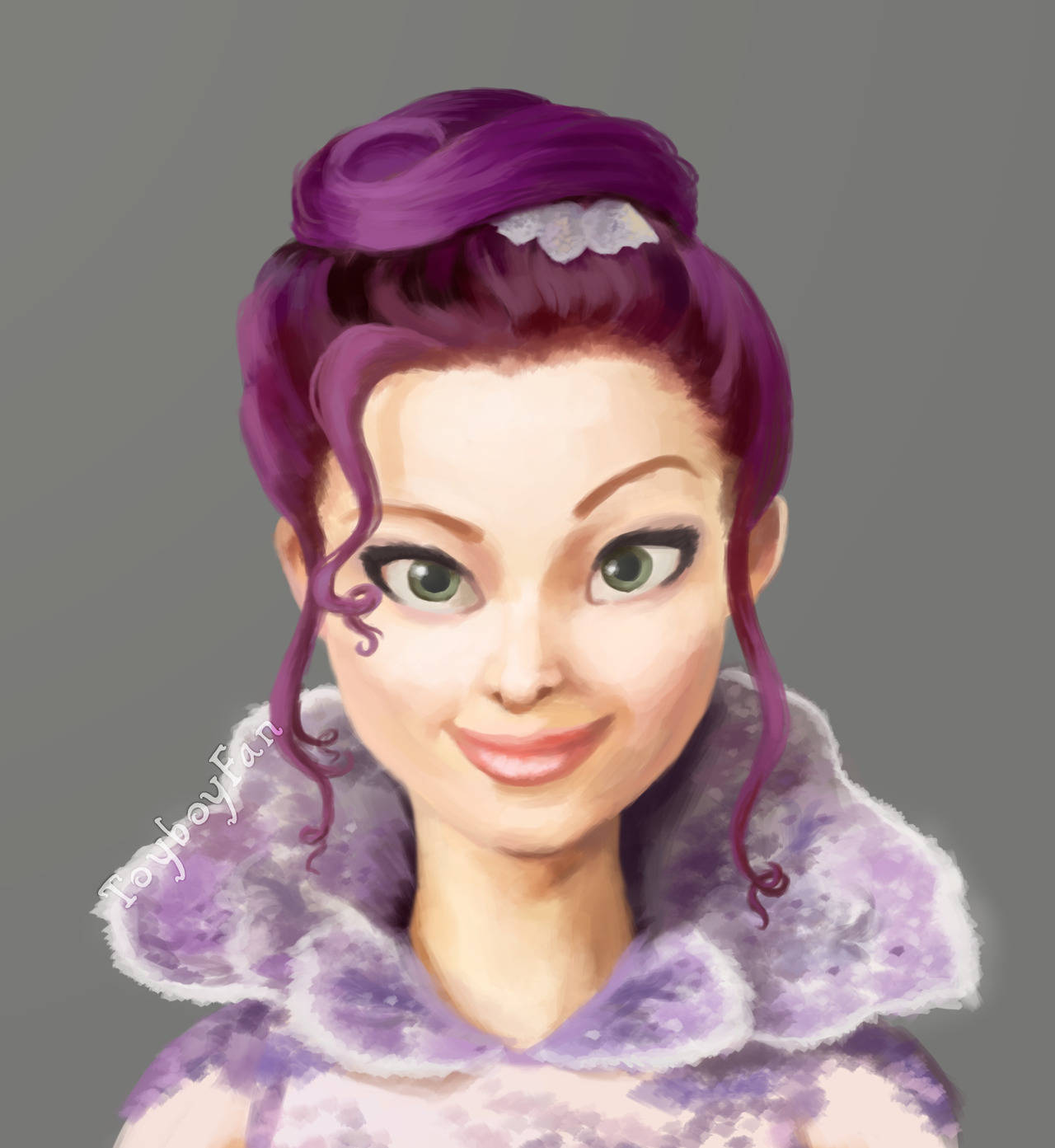 Descendants 桌布 壁紙 — 一幅充滿活力的數位肖像，描繪一位擁有紫色頭髮和綠色眼睛、穿著毛絨紫色領子的女性。