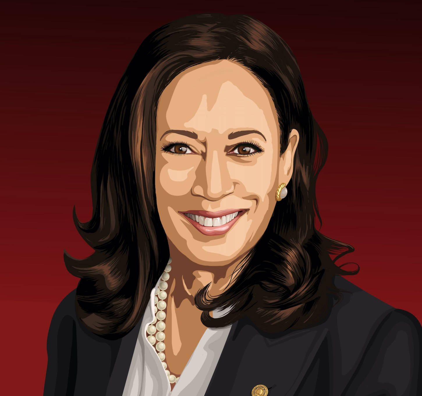 Kamala Harris 桌布 壁紙 — 一幅充滿活力的數位肖像，描繪一位微笑的黑髮女性，佩戴珍珠項鍊和深色西裝外套，背景為深紅色。