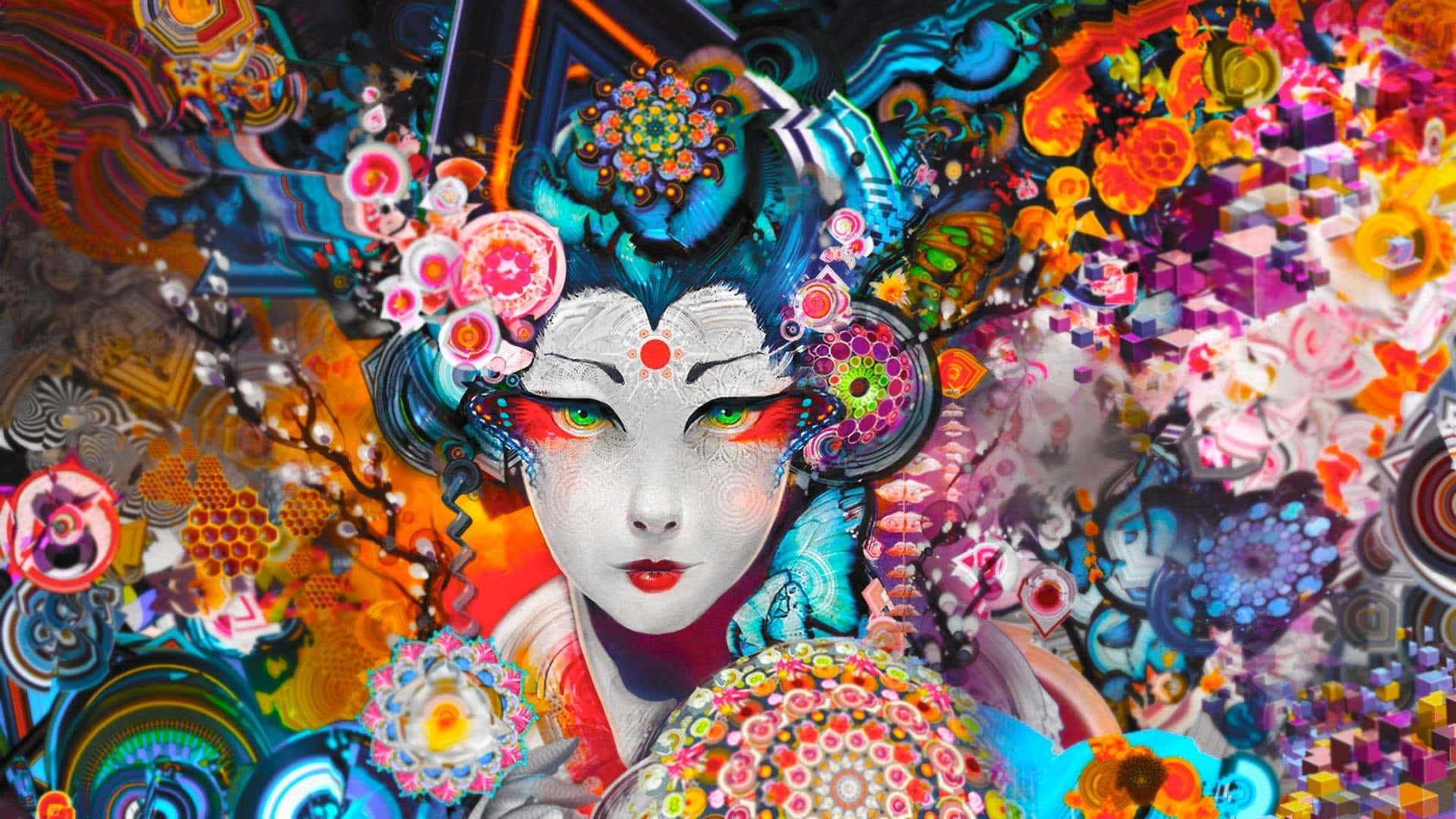Trippy 3d Art 桌布 壁紙 — 一幅充滿活力的數位肖像，描繪一位風格化的藝妓，擁有發光的綠色眼睛，周圍環繞著萬花筒般的花卉和幾何圖案。