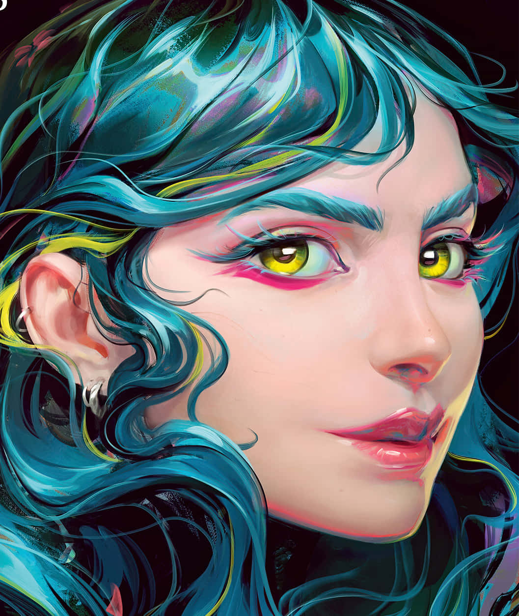Beautiful Art 桌布 壁紙 — 一幅充滿活力的數位肖像，描繪一位擁有電光藍色頭髮和發光黃色眼睛的女性，背景為深色。