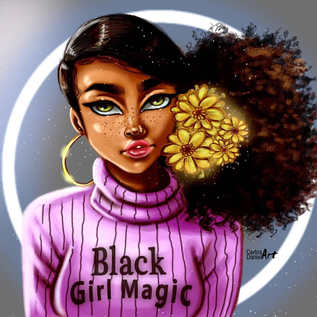 Black Girl 桌布 壁紙 — 一幅充滿活力的數位肖像，描繪一位黑人女性，擁有發光的綠色眼睛，非洲式爆炸頭中點綴著金色花朵，身穿紫色「Black Girl Magic」毛衣，背景是宇宙環。