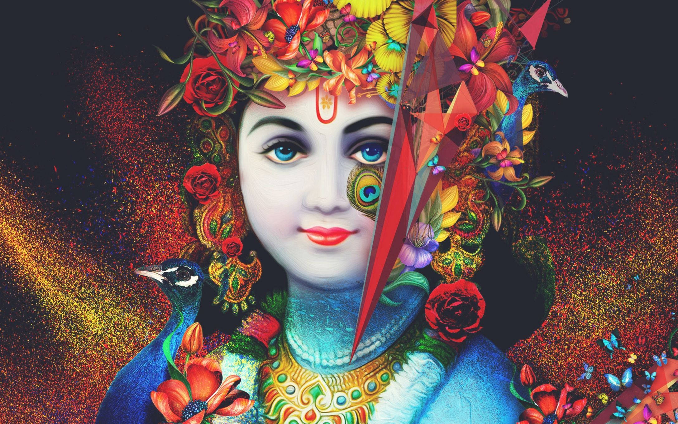 Indian 桌布 壁紙 — 一幅充滿活力的數位肖像，描繪一位寧靜的女性，飾有花朵、孔雀和紅色幾何刀刃，背景是閃爍的宇宙。
