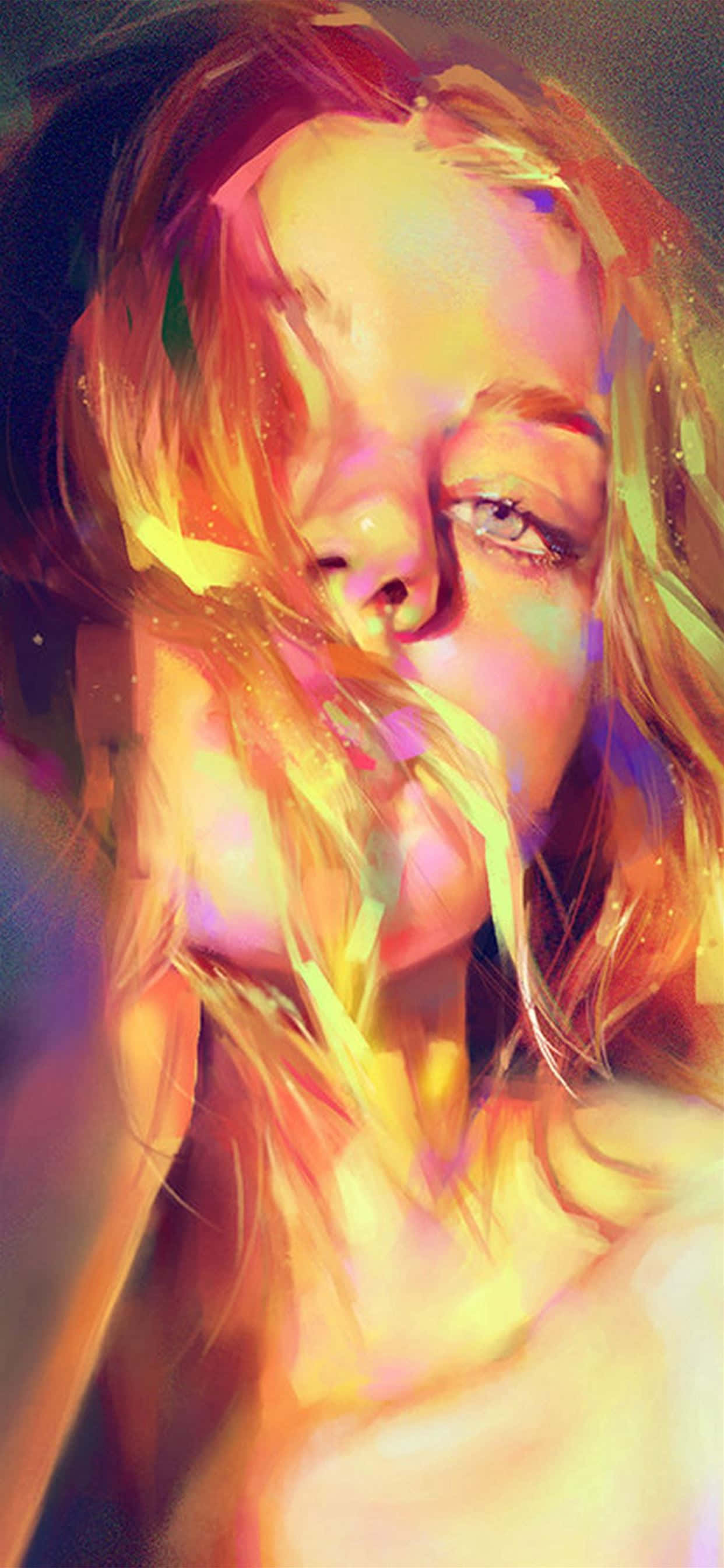 美學 桌布 壁紙 — 一幅充滿活力的數位肖像，描繪一位擁有飄逸金髮、被溫暖光芒照亮的女性。