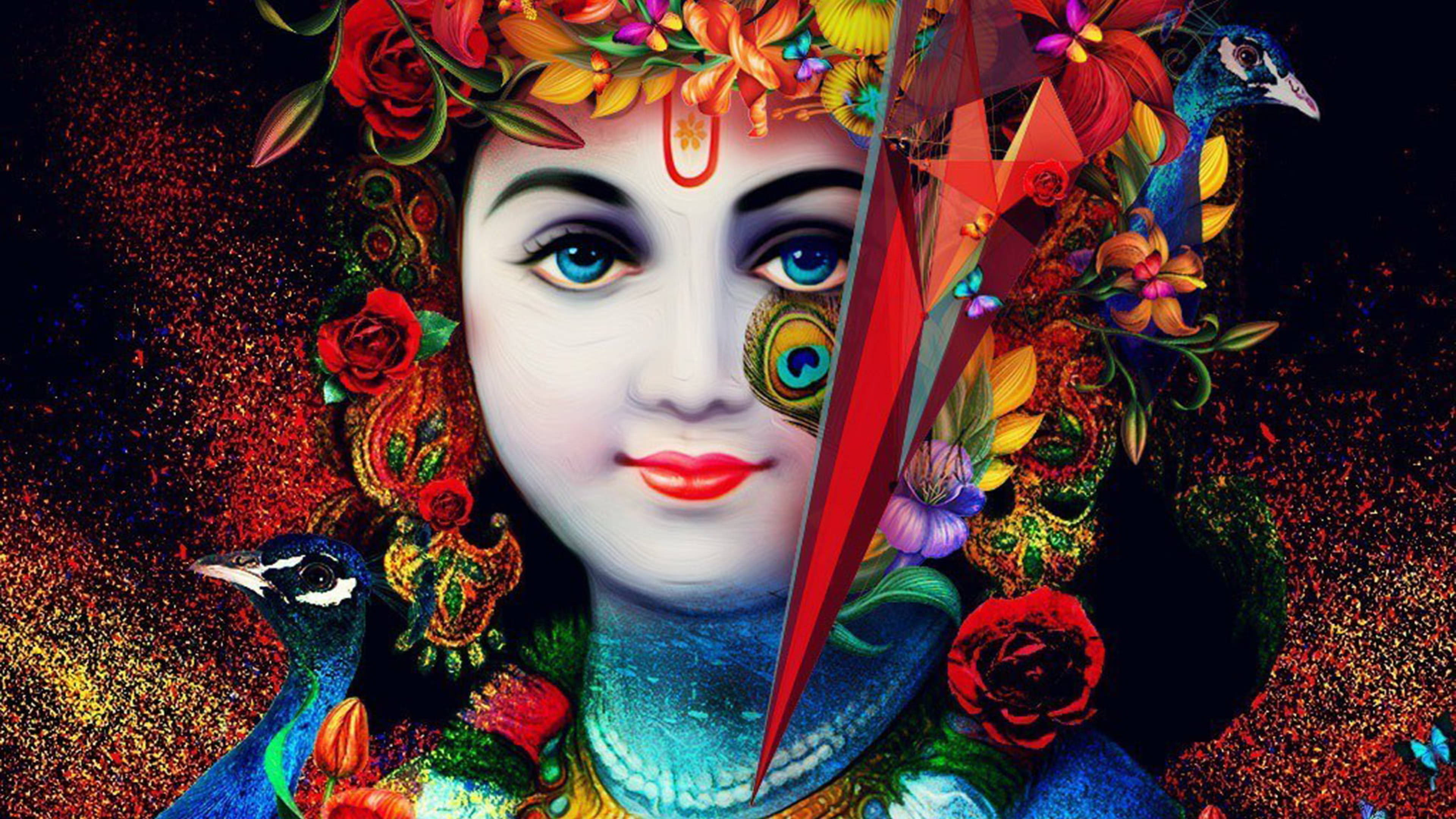 krishna ji 桌布 壁紙 — 一幅充滿活力的數位肖像畫，描繪一位寧靜的女性，點綴著孔雀、花朵和紅色幾何碎片，背景是閃爍的深色。