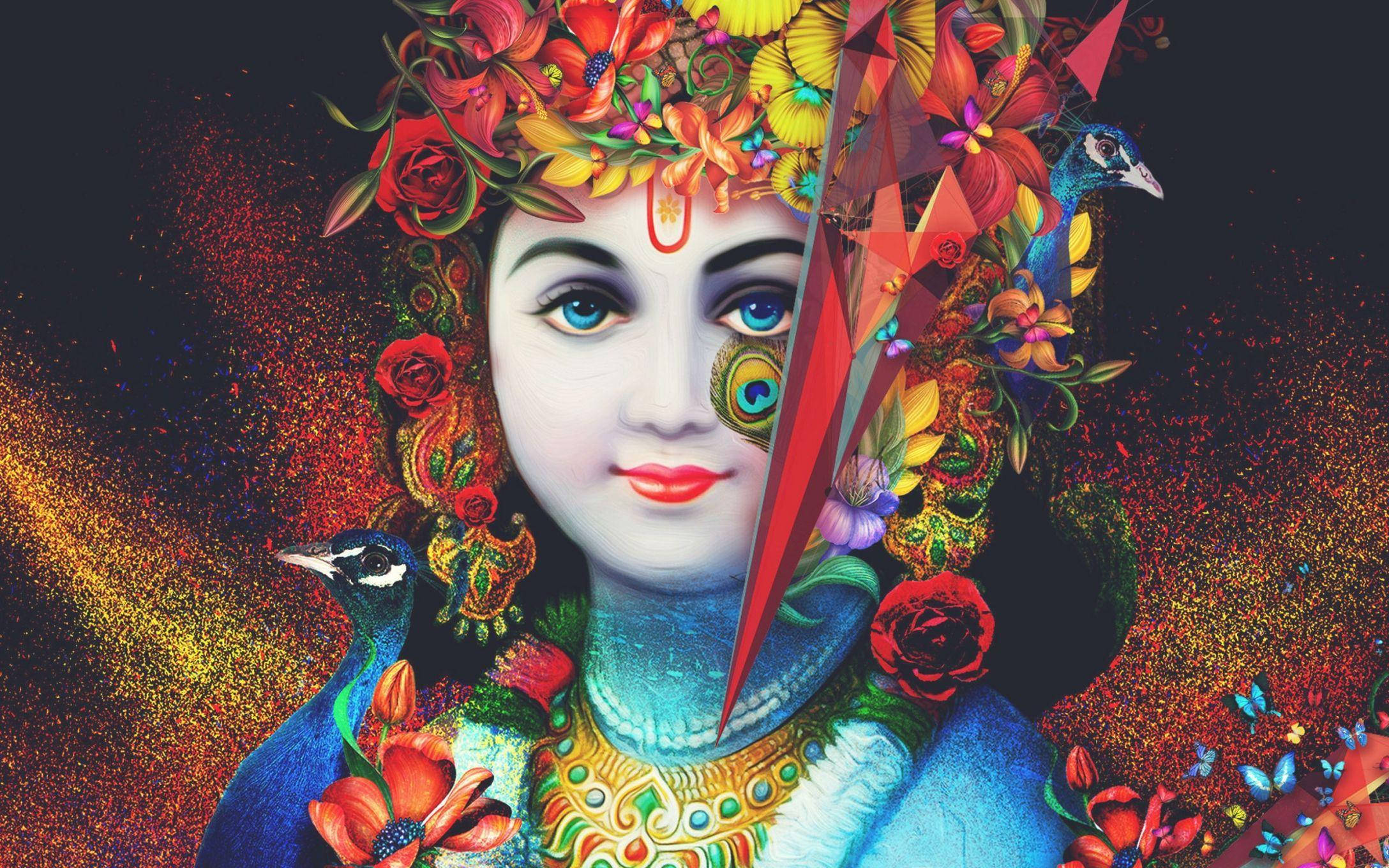 Hindu God 桌布 壁紙 — 一幅充滿活力的數位肖像畫，描繪一位寧靜的女性，飾有花朵、孔雀和色彩繽紛的幾何碎片，背景是閃爍的宇宙。