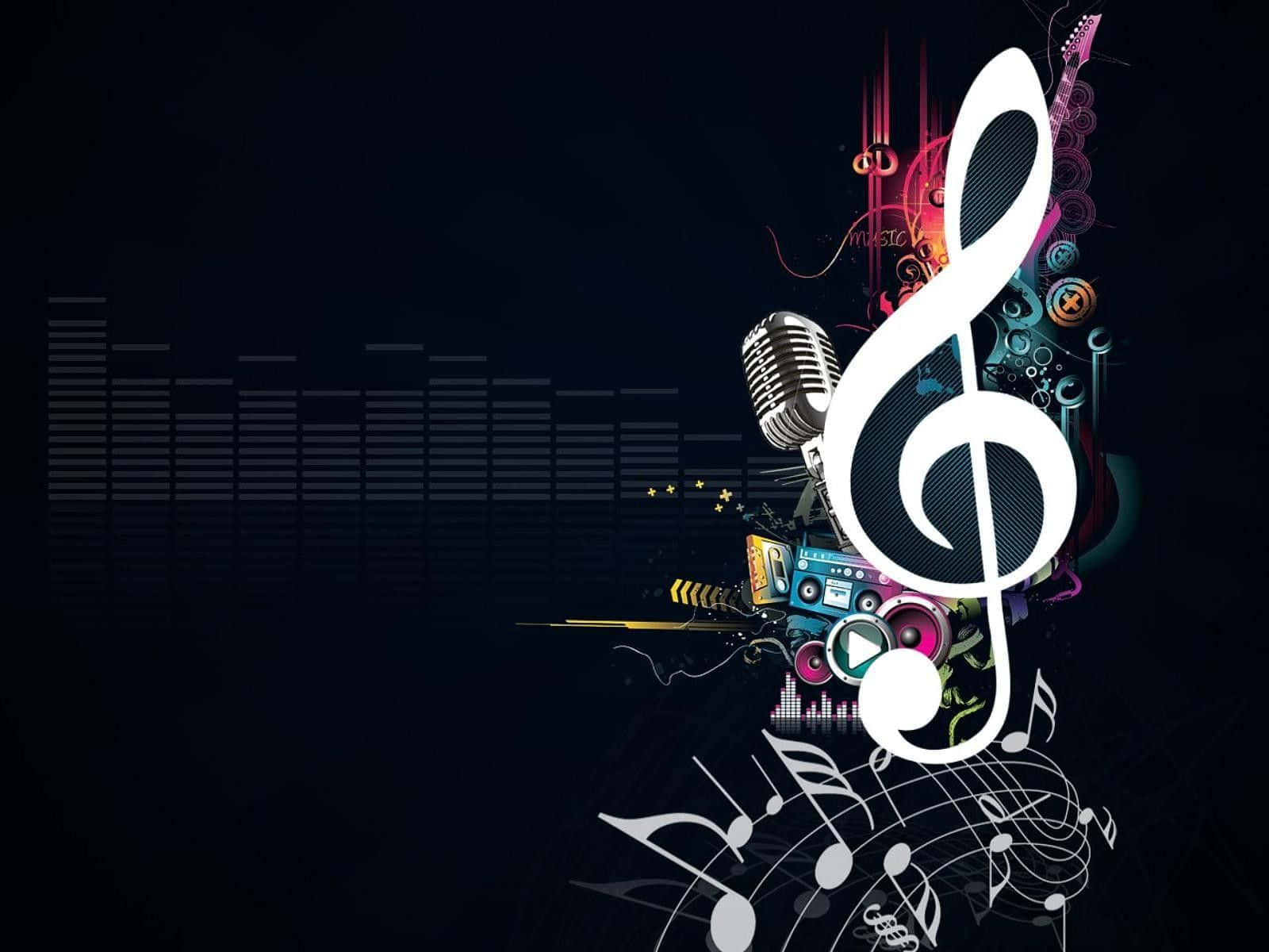 Musical 桌布 壁紙 — 一幅充滿活力的數位藝術作品，以一個大型白色高音譜號為中心，周圍環繞著樂器和音符，背景為深色並帶有聲波條。