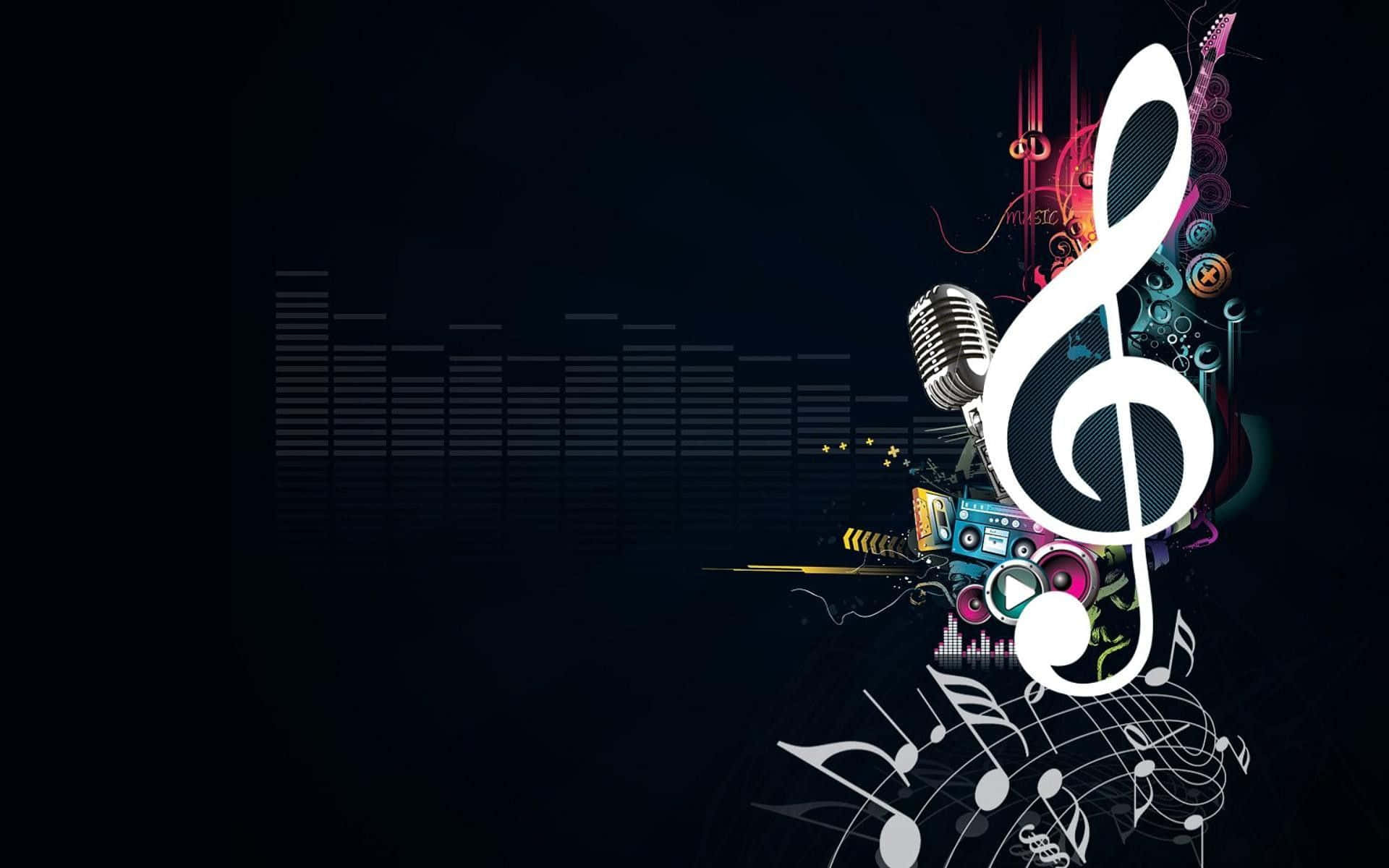 Pop Music 桌布 壁紙 — 一幅充滿活力的數位藝術作品，以一個大型白色高音譜號為中心，周圍環繞著音符、麥克風和聲波，背景為深色。