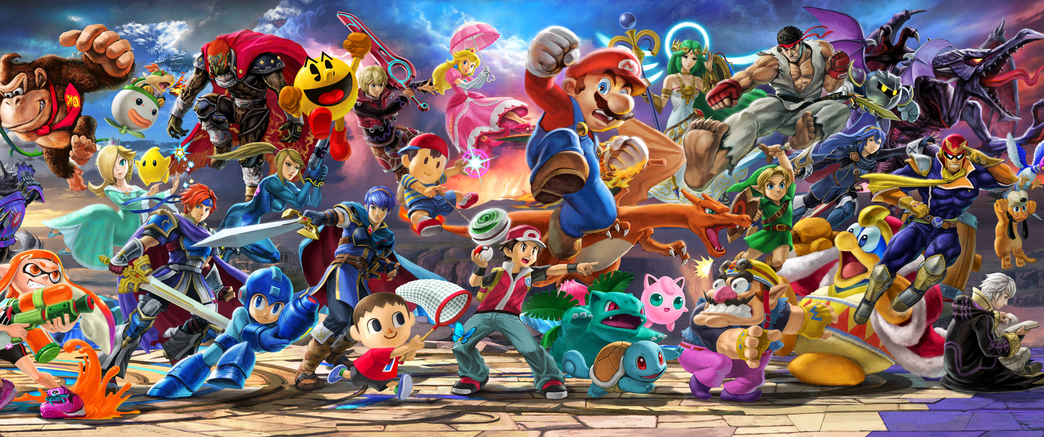 Smash Bros Ultimate 桌布 壁紙 — 一幅充滿活力的數位藝術作品，以戲劇性的天空為背景，數十個標誌性電子遊戲角色擺出動態姿勢。