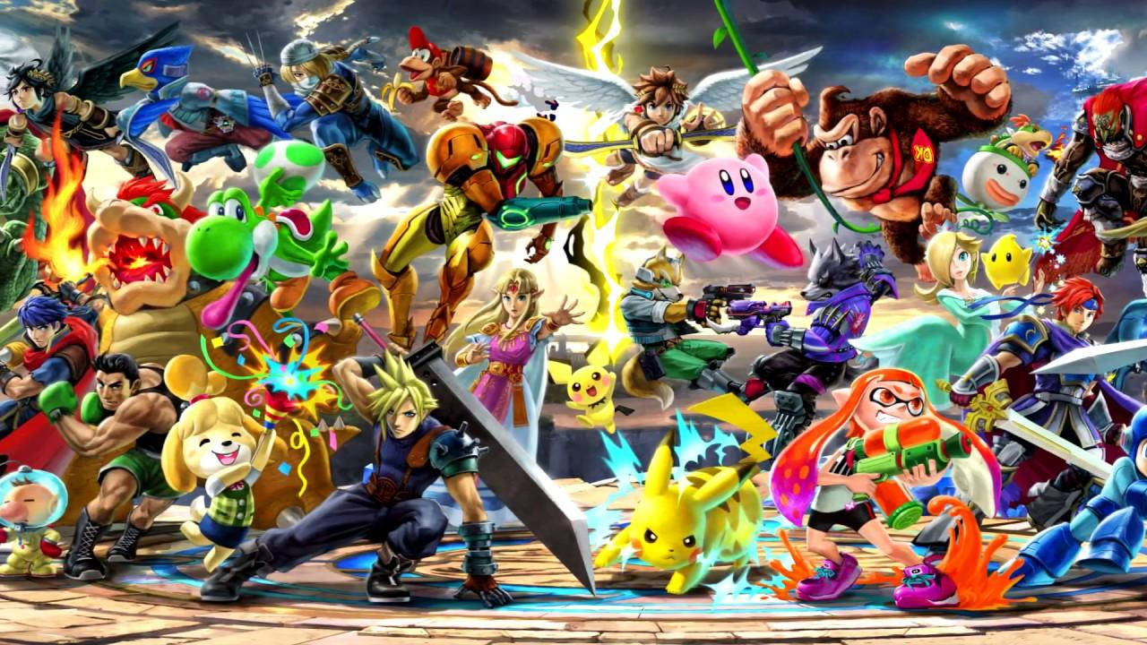 Smash Bros Ultimate 桌布 壁紙 — 一幅充滿活力的數位藝術作品，以暴風雨天空為背景，數十個標誌性電玩角色擺出動態戰鬥姿勢。