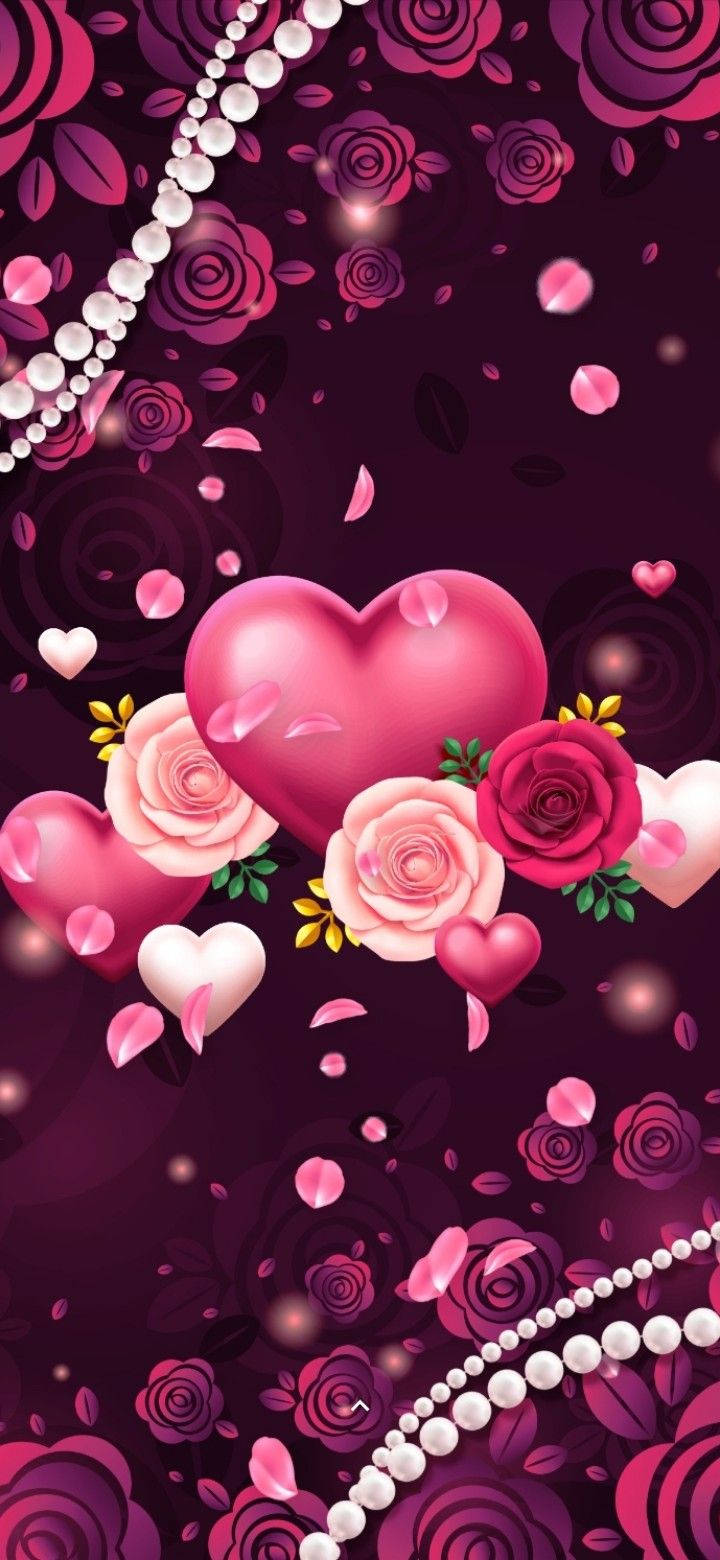 Valentines 桌布 壁紙 — 一幅充滿活力的數位藝術作品，以深紫色背景為襯，點綴著珍珠串和旋轉花卉圖案，漂浮著粉紅色的心形和玫瑰。