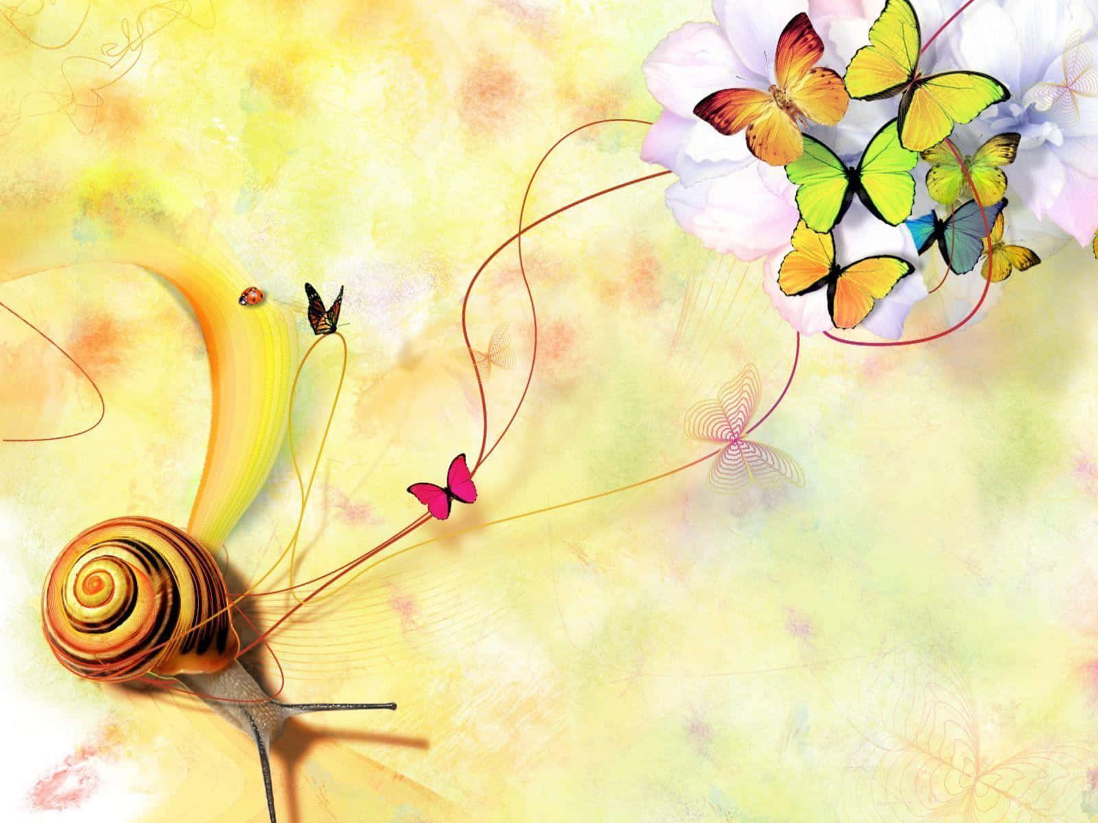Butterfly Desktop 桌布 壁紙 — 一幅充滿活力的數位藝術作品，以螺旋貝殼和色彩繽紛的蝴蝶圍繞柔和粉彩花朵旋轉為特色。