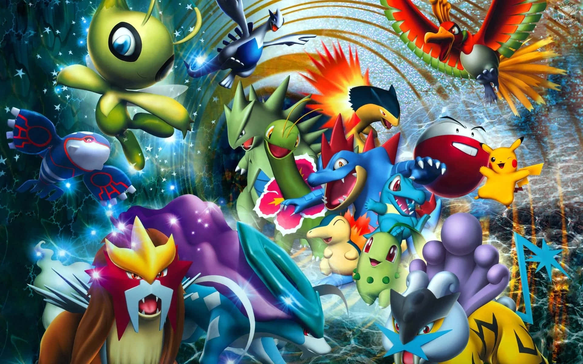 Pokemon Card 桌布 壁紙 — 一幅充滿活力的數位藝術作品，展示了一組充滿能量的標誌性寶可夢角色，背景是宇宙星空。