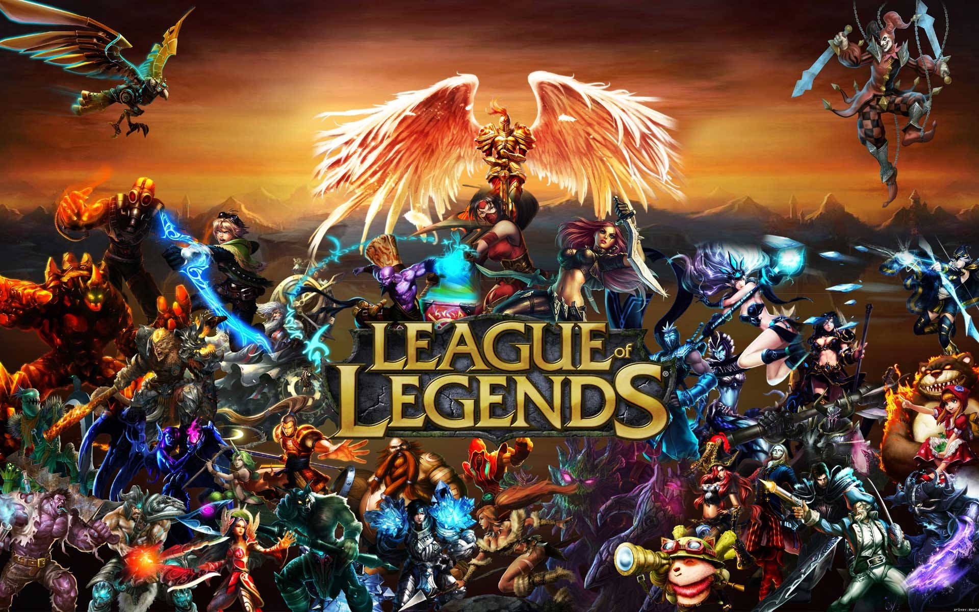 Legends 桌布 壁紙 — 一幅充滿活力的數位藝術作品，展示數十位奇幻的《英雄聯盟》英雄在熾熱的日落天空下擺出動態戰鬥姿勢。