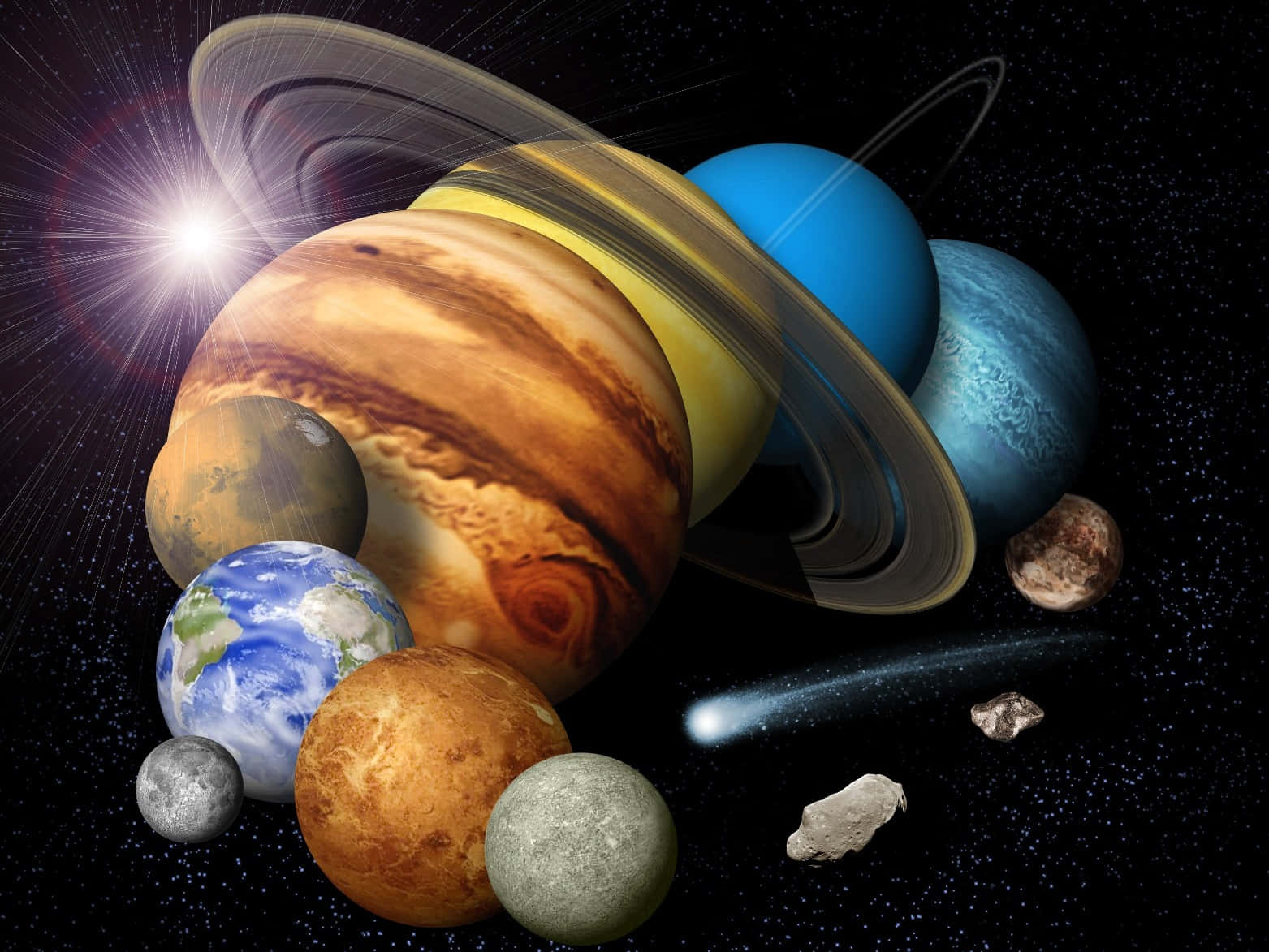 行星動畫 桌布 壁紙 — 一幅充滿活力的數位藝術作品，展示了一群行星，包括帶有光環的土星、地球和木星，背景是繁星點點的宇宙和明亮的太陽爆發。