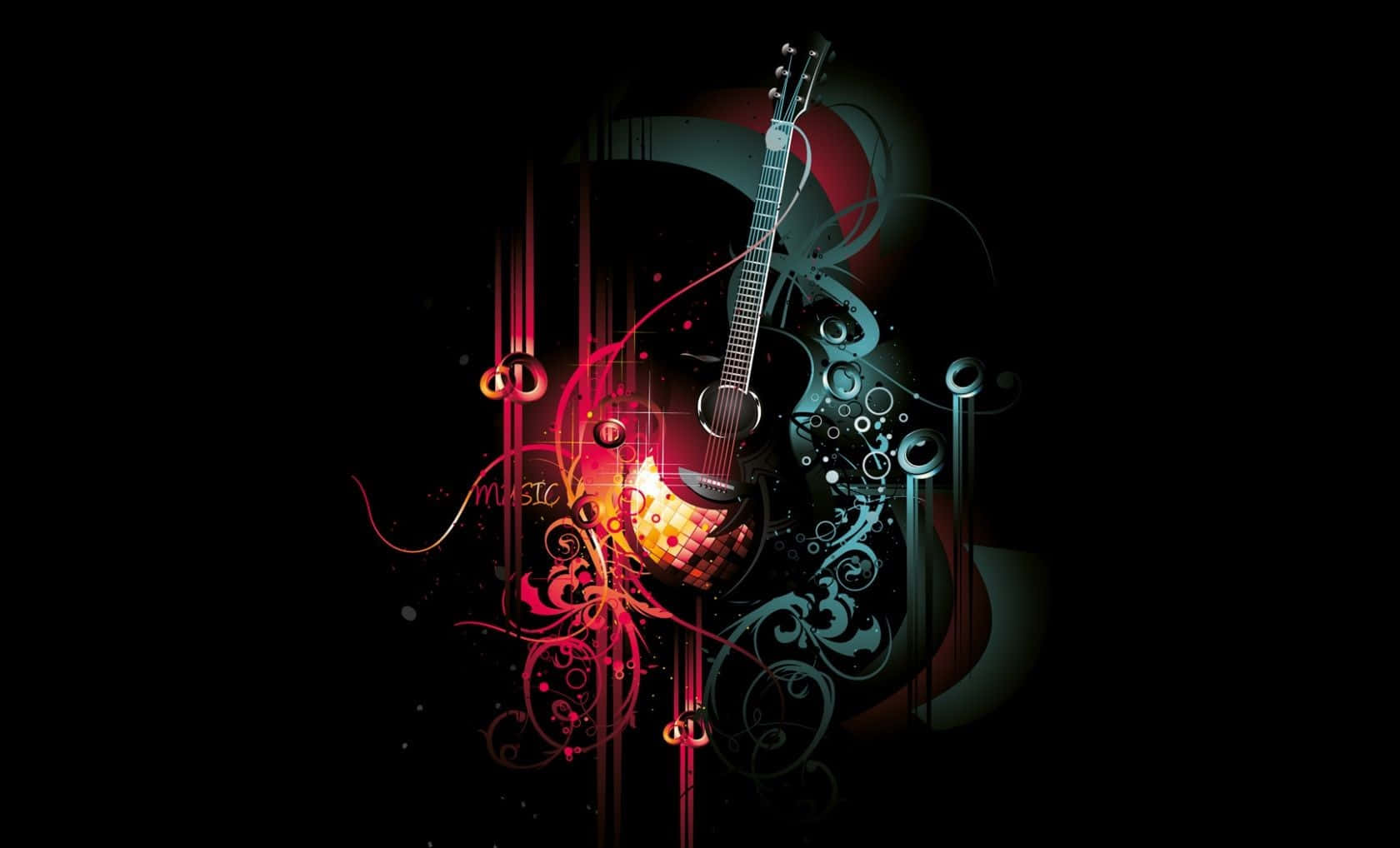Musical 桌布 壁紙 — 一幅充滿活力的數位藝術作品，描繪一把電吉他在黑色背景上散發著火紅和藍綠色的漩渦光芒。