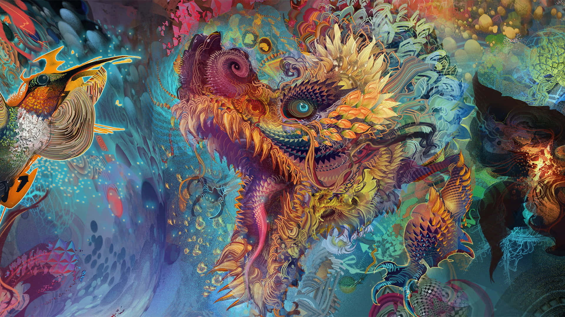 Trippy Art 桌布 壁紙 — 一幅充滿活力的數位藝術作品，描繪一條帶有複雜圖案和發光眼睛的奇幻龍，被超現實、色彩繽紛的生物包圍在夢幻般的水下場景中。