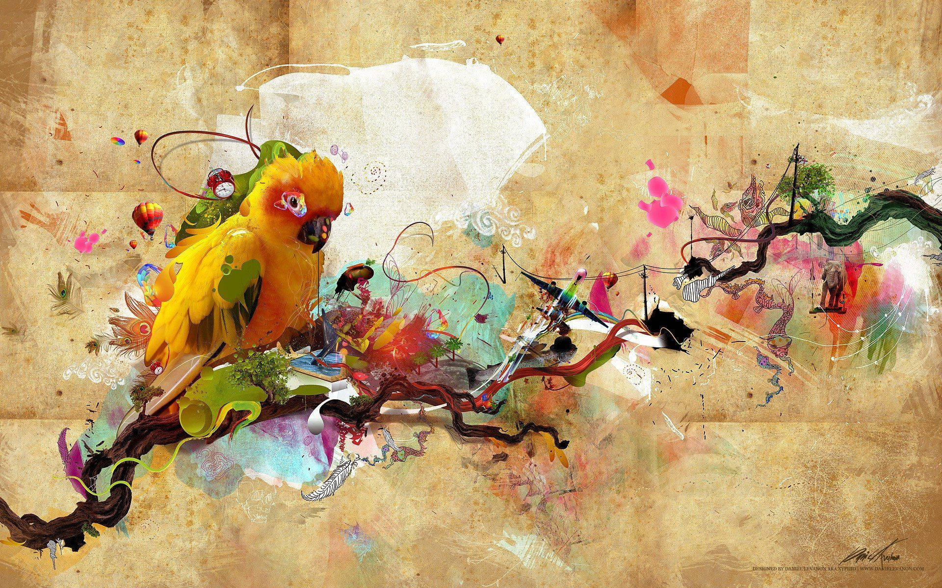 藝術 桌布 壁紙 — 一幅充滿活力的數位藝術作品，描繪一隻黃色鸚鵡棲息在樹枝上，周圍是色彩繽紛的潑濺和抽象漩渦，背景為陳舊羊皮紙。