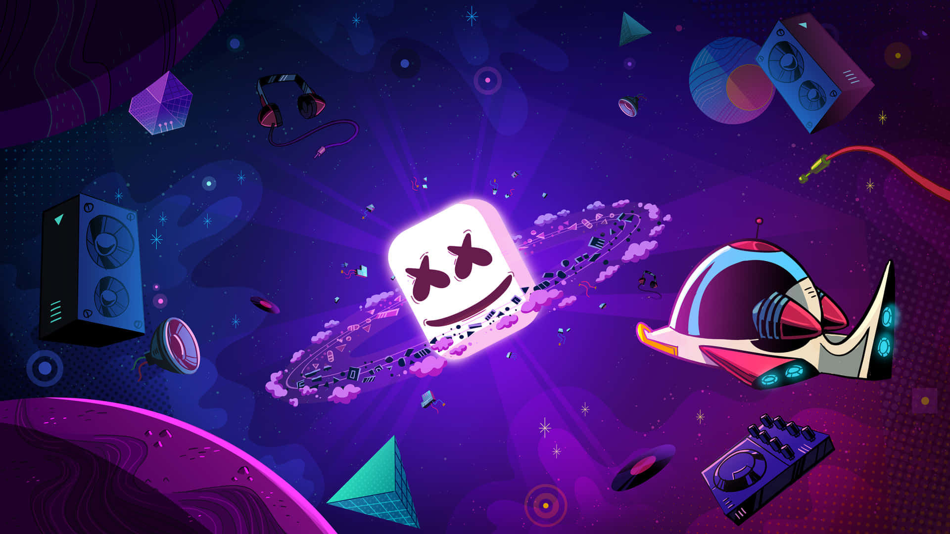 Marshmello 動態圖 桌布 壁紙 — 一幅充滿活力的數位藝術作品展示了一個微笑的棉花糖角色漂浮在紫色宇宙空間中，周圍環繞著漂浮的音樂設備和幾何形狀。