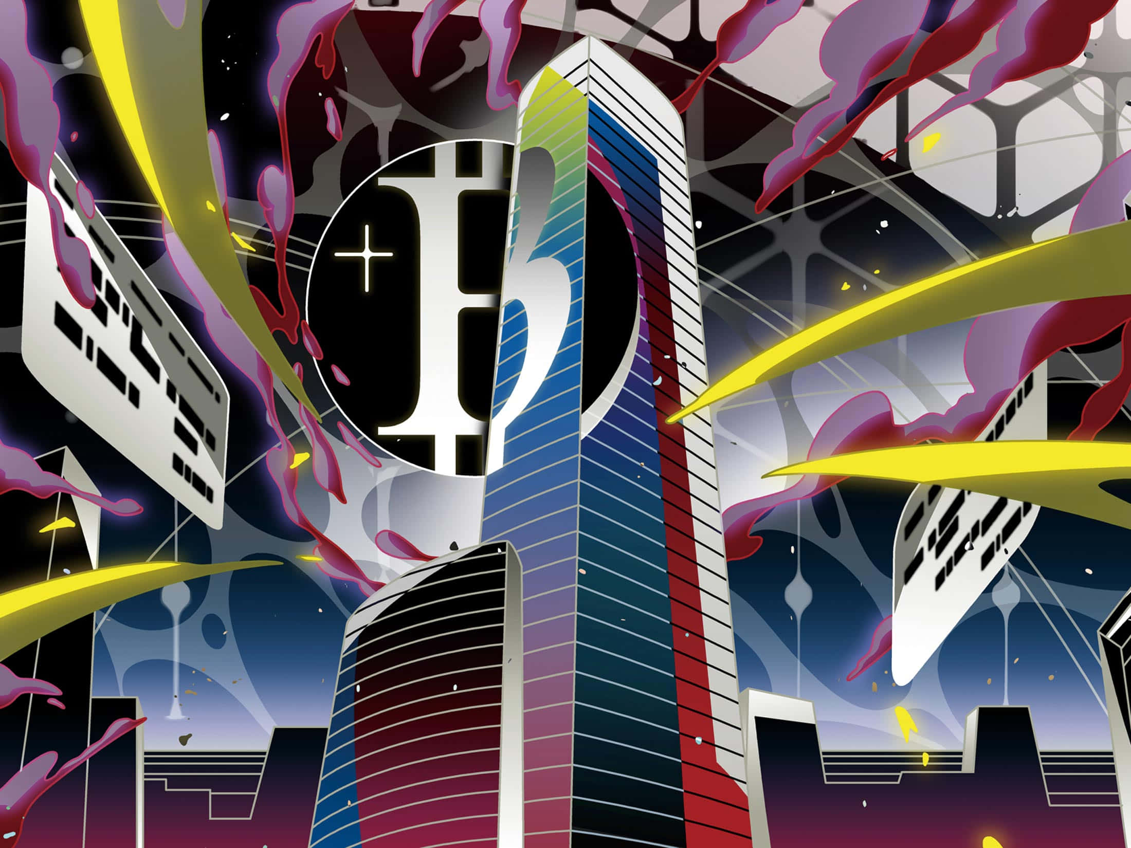 Promare 桌布 壁紙 — 一幅充滿活力的數位藝術城市景觀，高聳的摩天大樓和黃色、紫色的霓虹燈條紋映襯在黑暗的天空中。