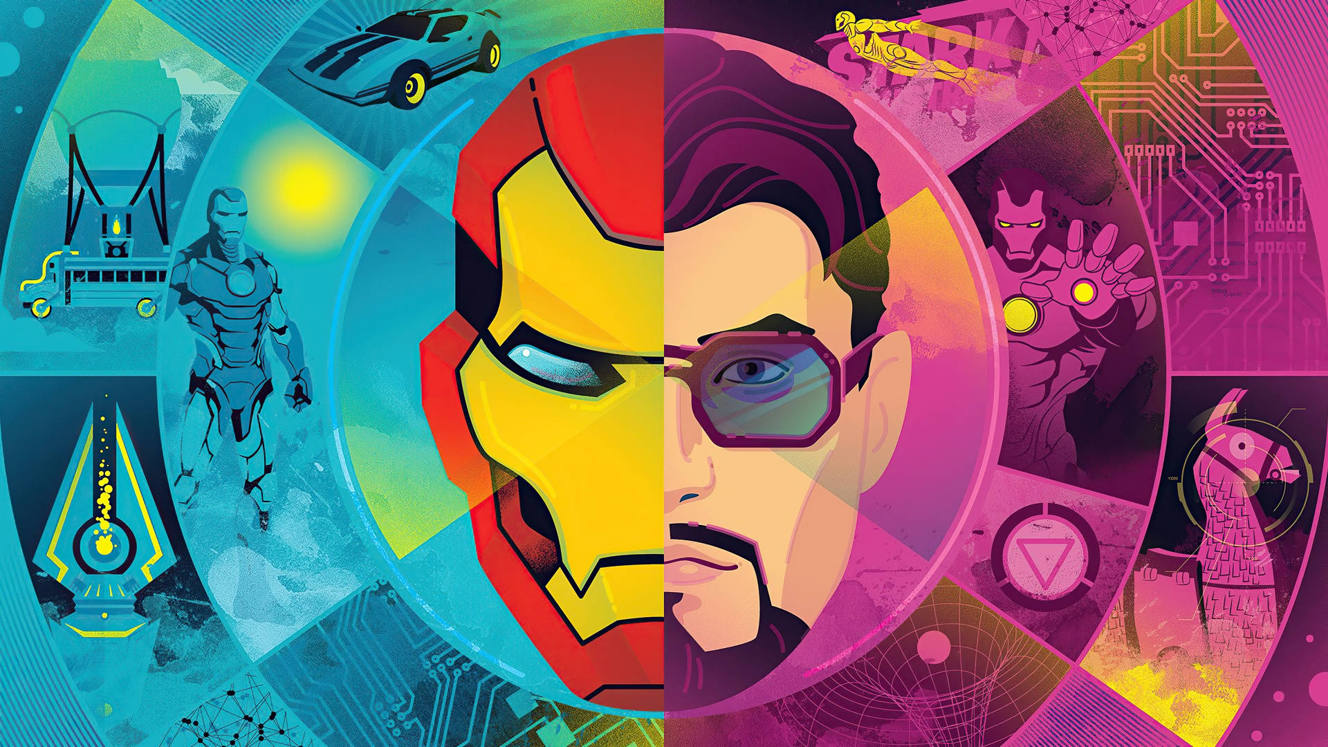 tony stark 桌布 壁紙 — 一幅充滿活力的數位藝術拼貼，在鋼鐵人的頭盔和臉部之間分割，周圍環繞著大膽色彩的科技和超級英雄圖標。